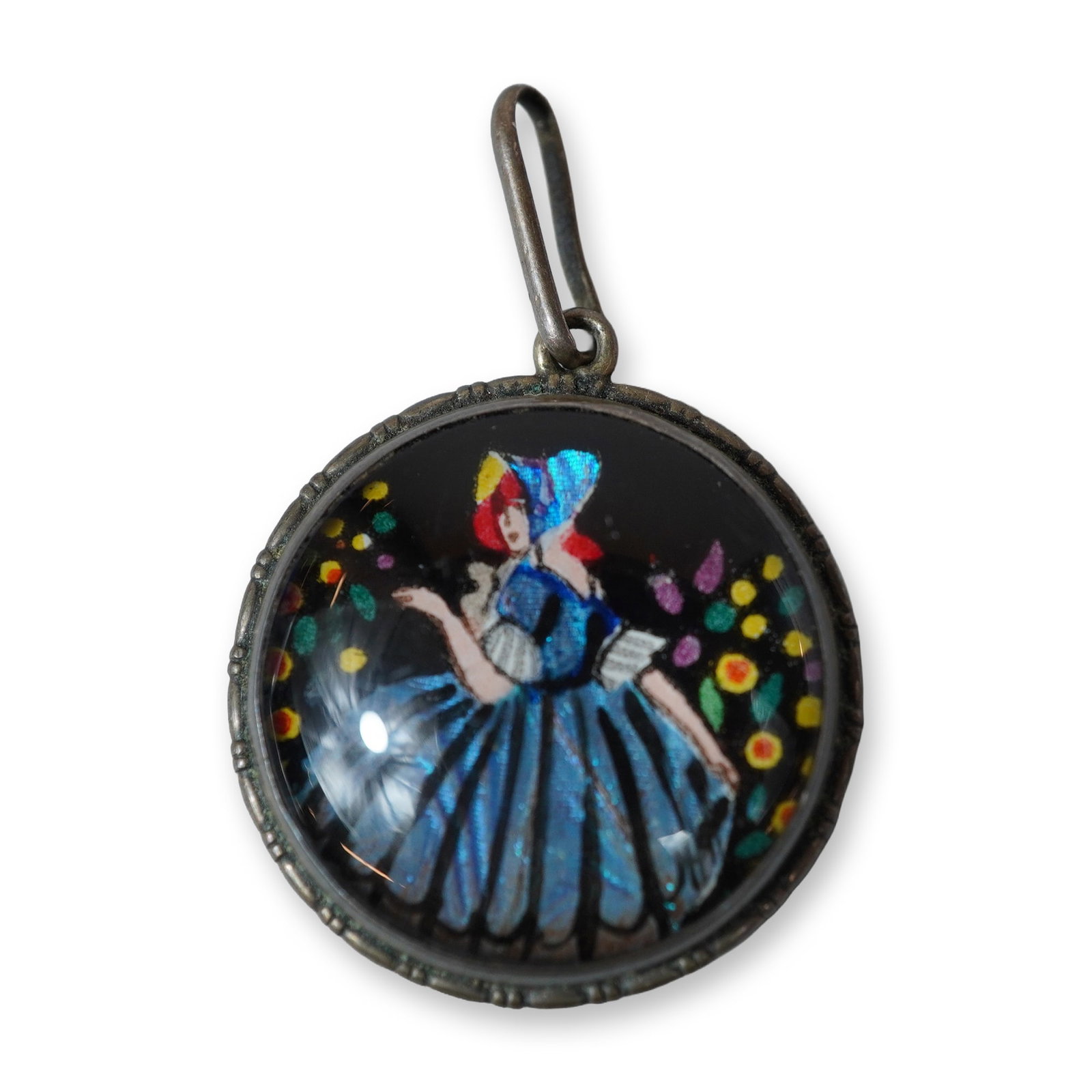 Thomas L. Mott Sterling Silver and Butterfly Wing Crinoline Lady Pendant: This vintage circular pendant is an example of Art Deco era butterfly wing jewelry produced by Thomas L. Mott. The piece features a hand-painted Crinoline Lady scene set under a domed glass cover. The