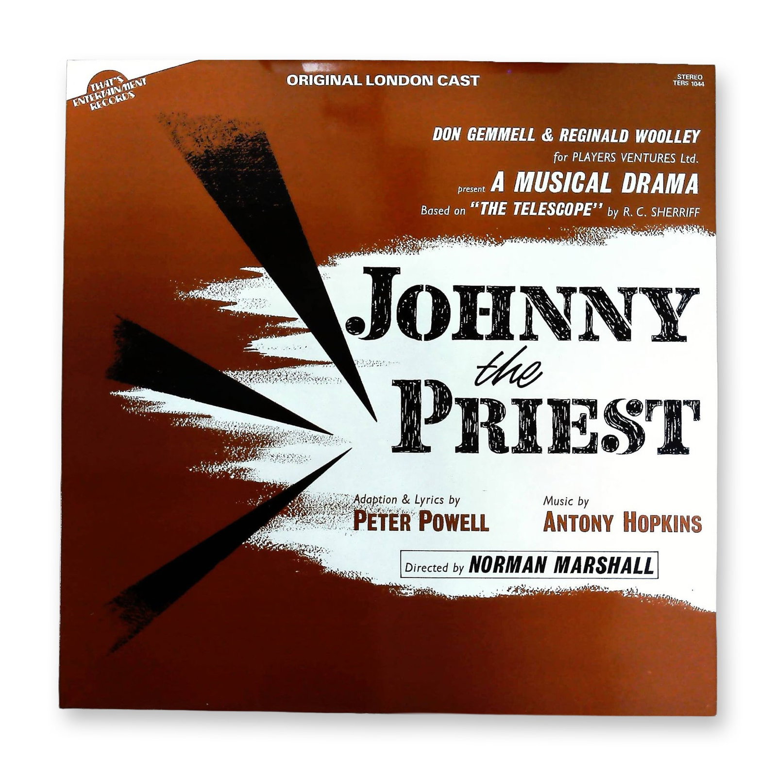 Johnny The Priest Original London Cast LP Vinyl Record: A single Long Play (LP) vinyl record album of the musical drama Johnny the Priest, featuring the Original London Cast recording. The music was composed by Antony Hopkins with adaptation and lyrics by 