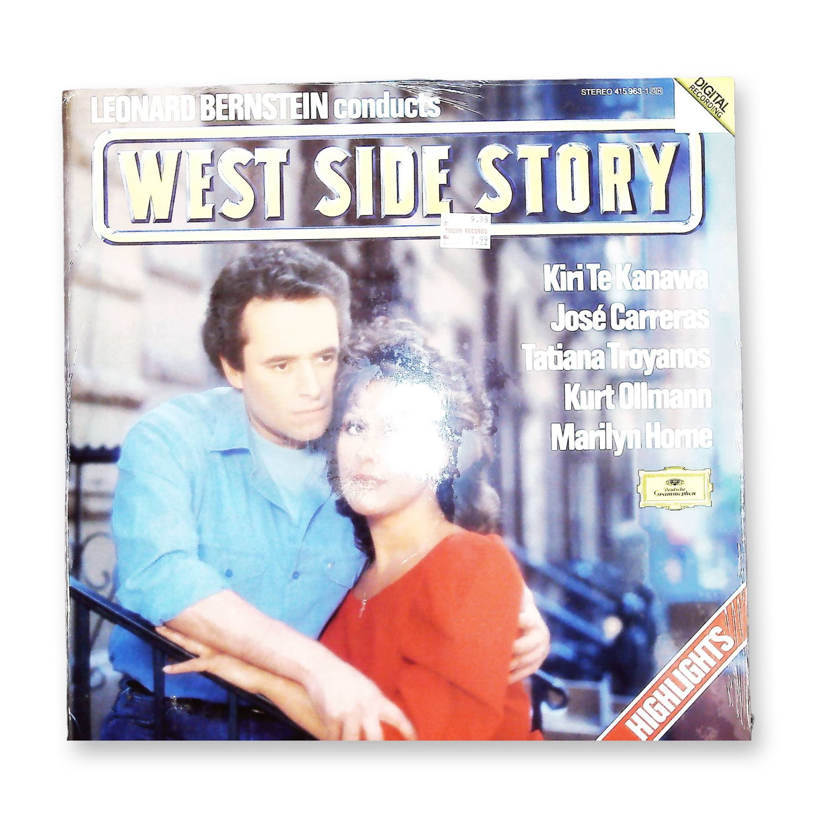 Leonard Bernstein Conducts West Side Story Highlights Vinyl LP Deutsche Grammophon 415 963-1: This 12-inch vinyl LP features highlights from the 1985 operatic studio recording of West Side Story, conducted by Leonard Bernstein. The recording features performances by Kiri Te Kanawa, Jose Carrer