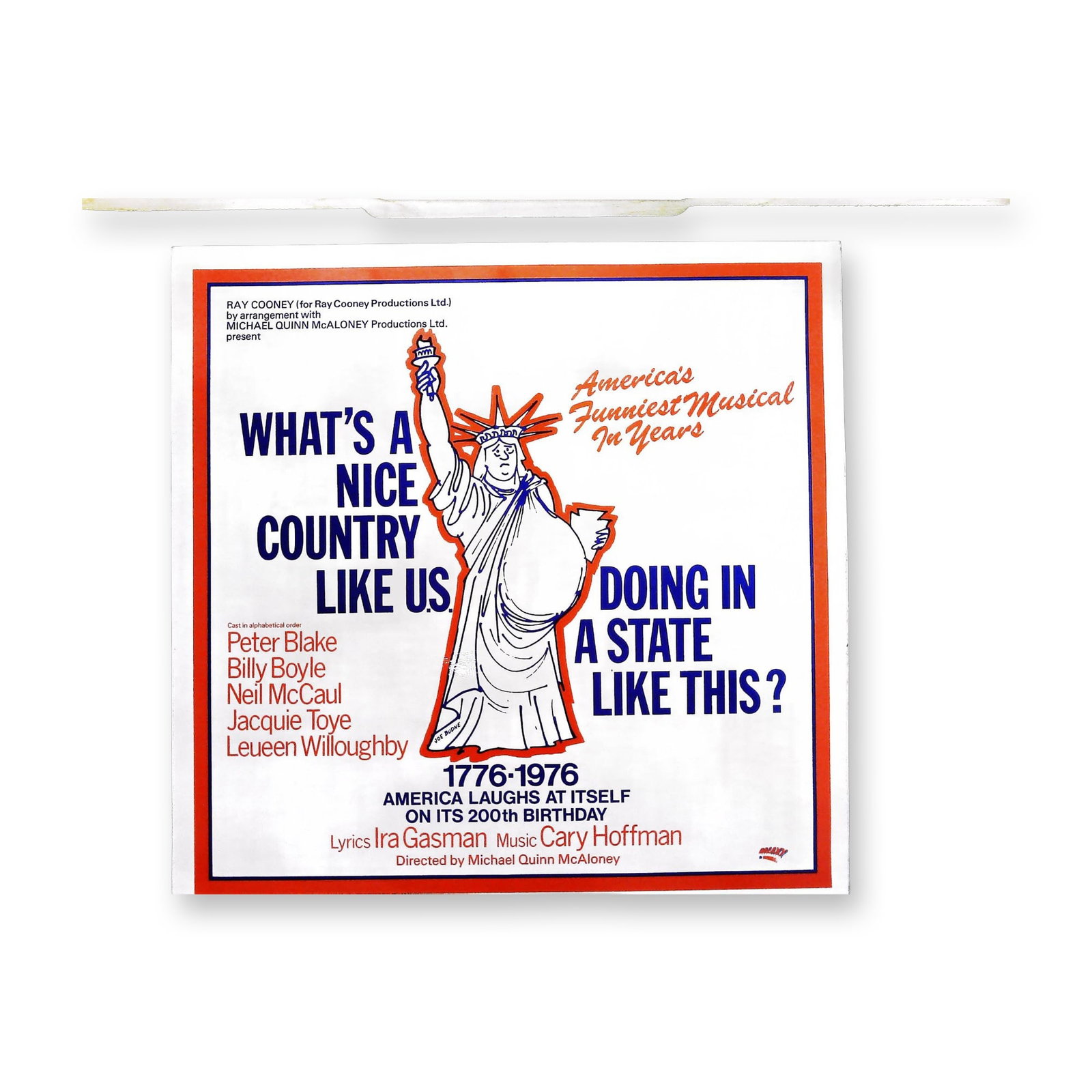 What's A Nice Country Like Us Doing In A State Like This? Original Cast Recording Vinyl LP 1976: This is an original cast recording vinyl long-play record titled Highlights from the Production: What's A Nice Country Like Us Doing In A State Like This? released in 1976. The musical revue was prese