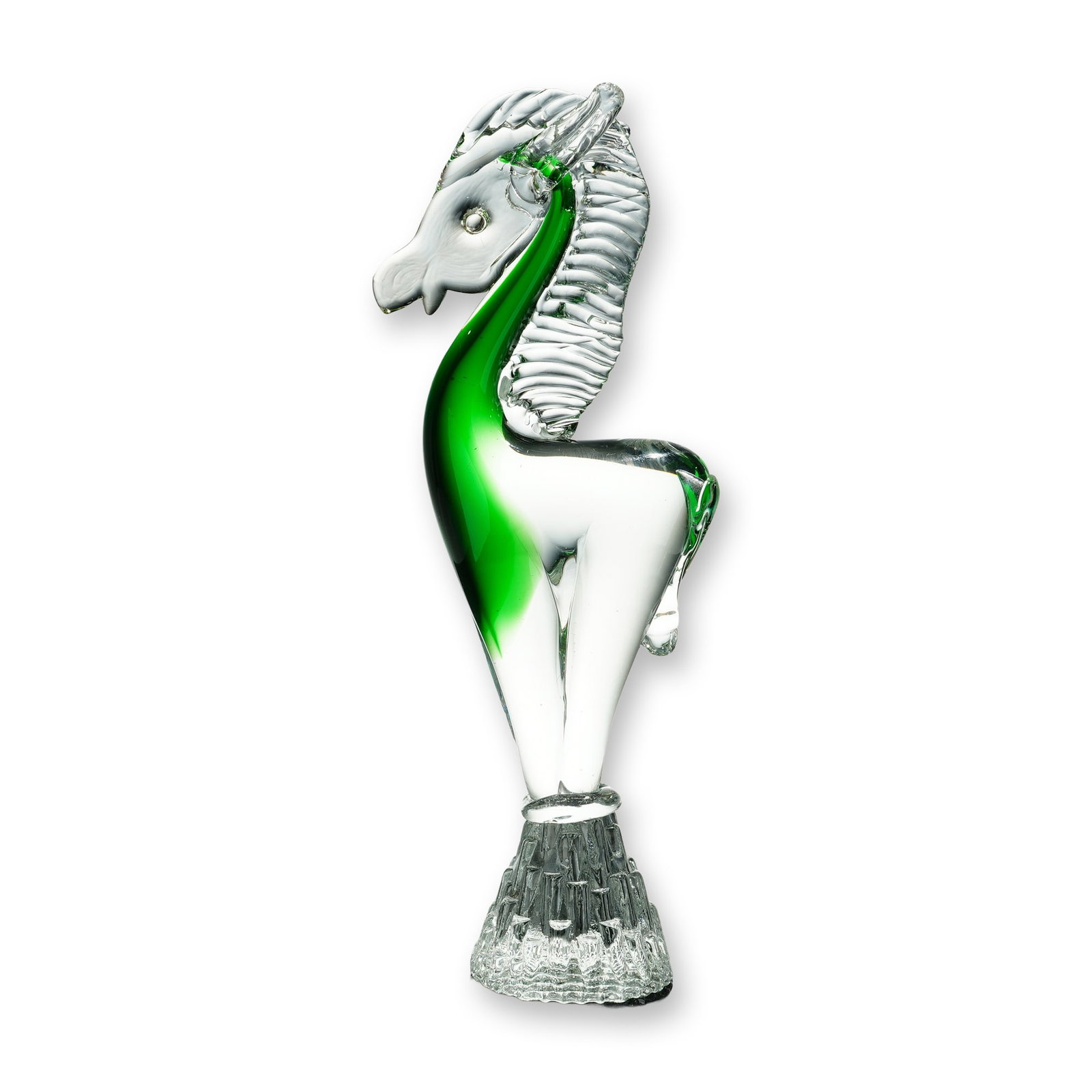 Murano Sommerso Art Glass Prancing Horse: Mid-century modern Murano art glass figurine of a prancing horse, executed in the sommerso technique. The sculpture features a vibrant emerald green interior core encased within a heavy layer of color