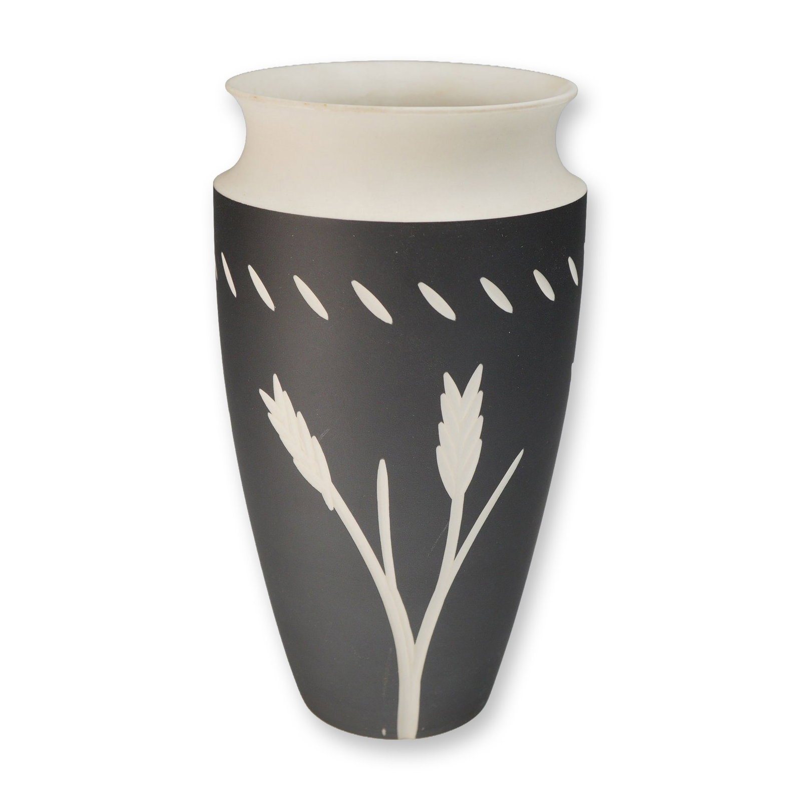 Black and White Wedgwood Jasperware Wheat Pattern Vase: This Wedgwood vase is crafted from black basalt stoneware with white jasper relief decoration. The object features a tapered ovoid body that flares at the shoulder toward a white, outward-curving rim,