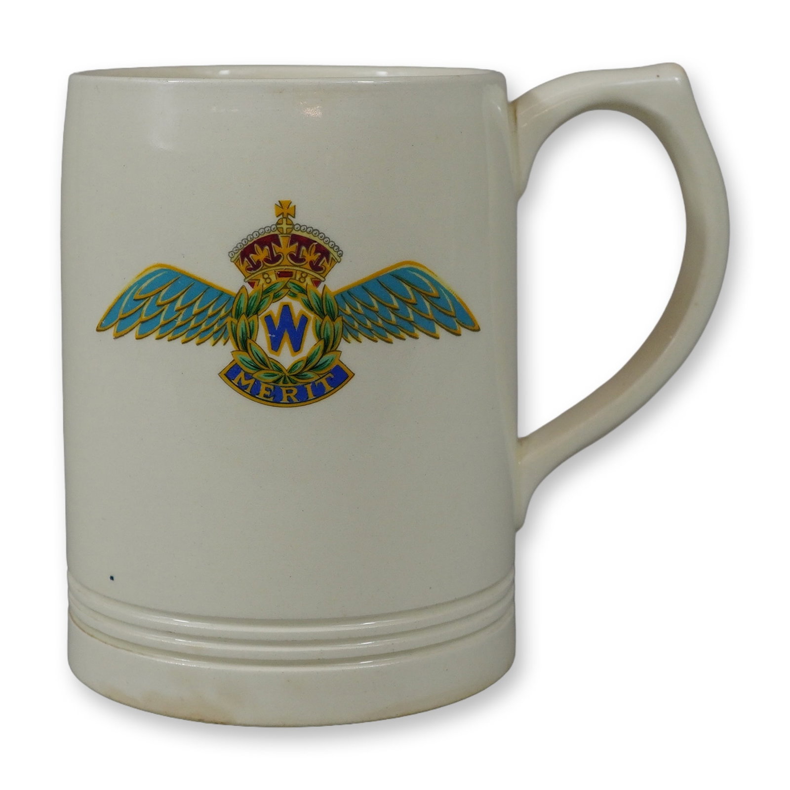 Wedgwood Queen's Ware KM Merit Award Mug: This Wedgwood creamware mug, known as Queen's Ware, features a cylindrical body with three molded concentric bands near the base and a D-shaped handle with an angular upper terminal. The front of the 