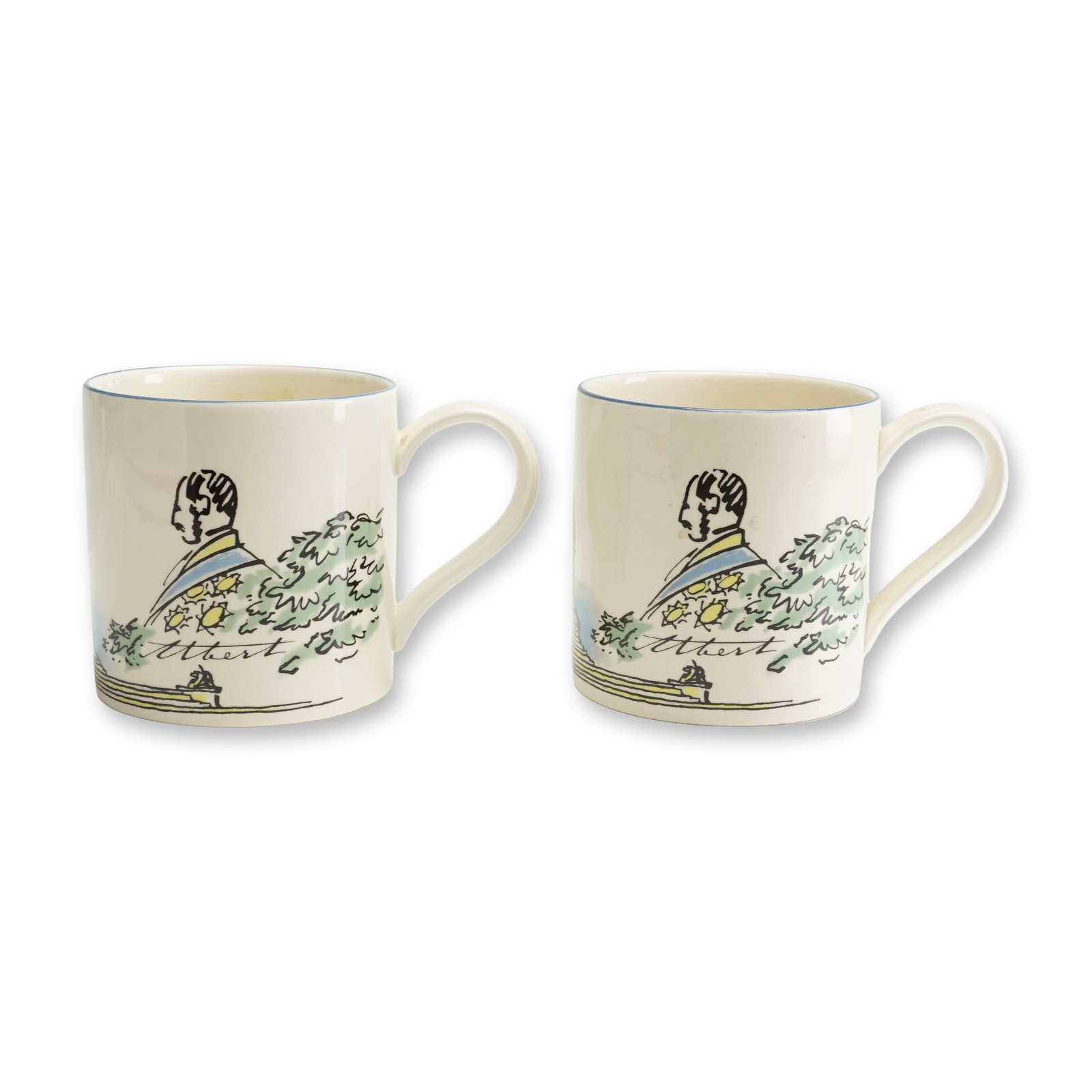 2pc Wedgwood Porcelain Mugs for The Observer and Midland Bank Prince Albert Exhibition Designed by: This pair of Wedgwood porcelain mugs was specially commissioned by The Observer and Midland Bank to commemorate the major Prince Albert Exhibition held in London during 1983-1984. The pieces were desi
