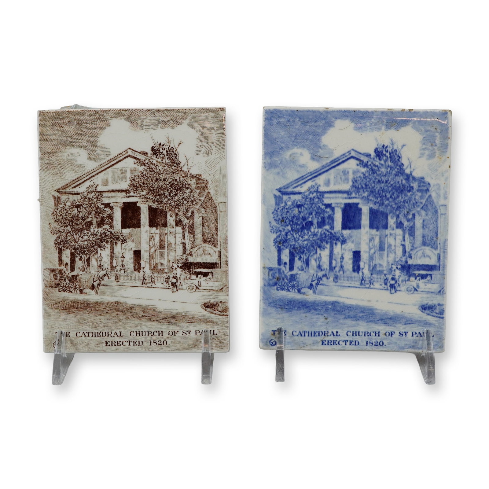 2pc Wedgwood for Jones McDuffee and Stratton Transfer-Printed Calendar Tiles: This lot consists of 2pc Wedgwood plaques featuring historical views of the Cathedral Church of St. Paul in Boston, Massachusetts. Manufactured by Wedgwood at the Etruria works in England, these tiles