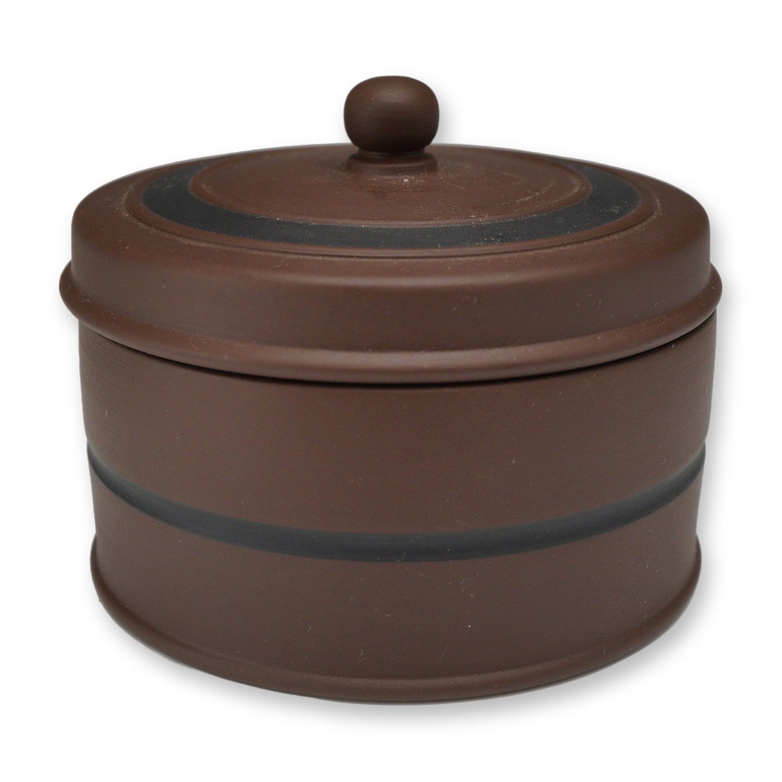 Wedgwood Brown Stoneware Lidded Jar: A Wedgwood cylindrical stoneware lidded jar featuring a matte chocolate brown finish. The minimalist design consists of a single dark gray horizontal band encircling the body and a matching