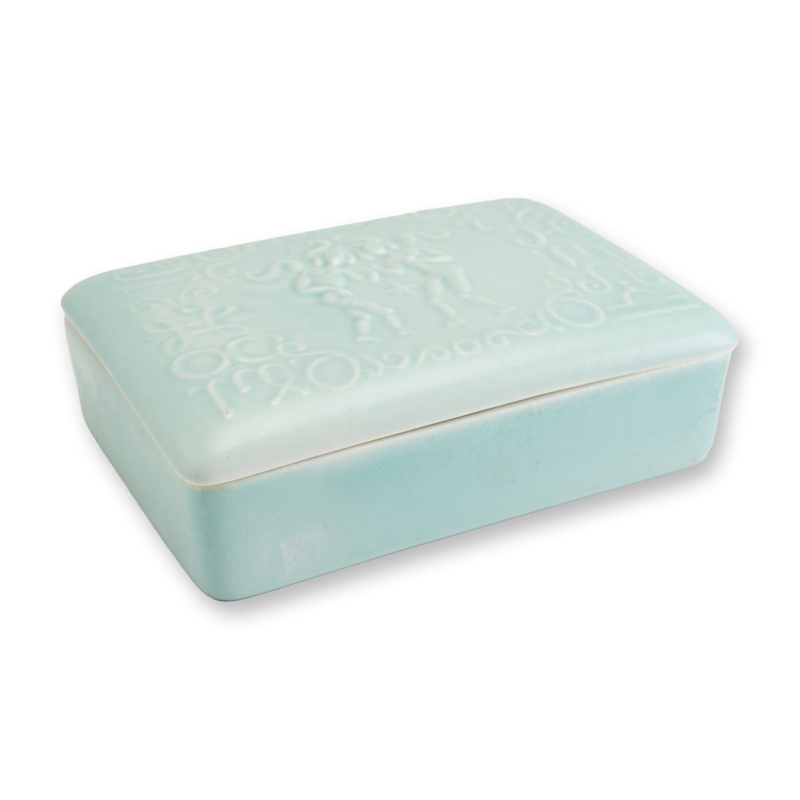 Wedgwood Queen's Ware Embossed Gemini Lidded Treasure Box: This mid-century rectangular lidded treasure box is manufactured by Wedgwood in fine earthenware, known as Queen's Ware. The piece features a pale blue celadon glaze on the exterior and a white glaze
