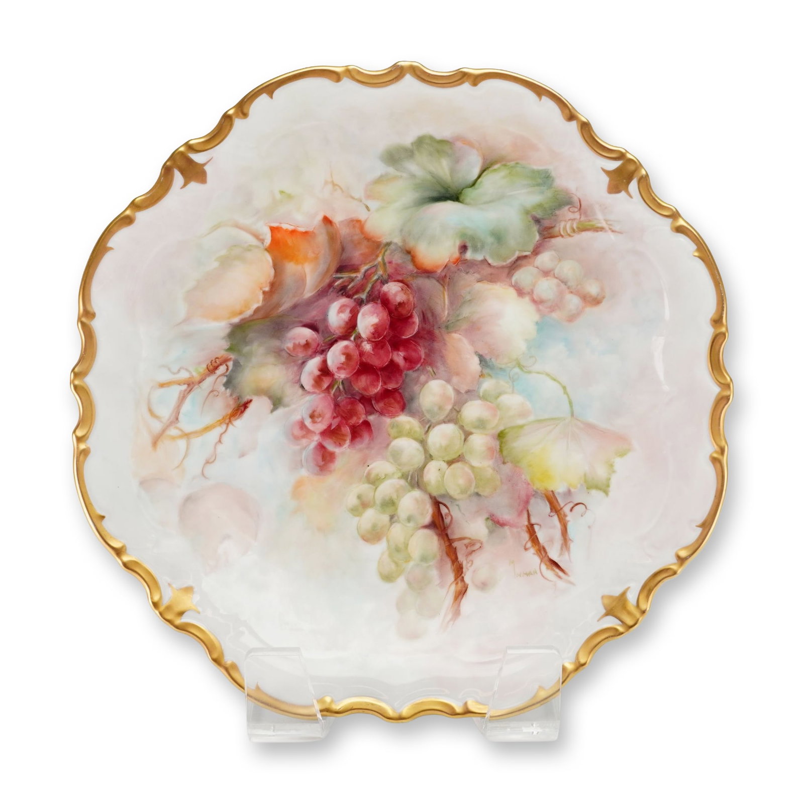 Reichenbach Germany Hand Painted Porcelain Platter: A large circular porcelain platter or charger manufactured by the Reichenbach factory in Germany. The piece features a deeply scalloped and lobed rim finished with a wide band of gilding and foliate s