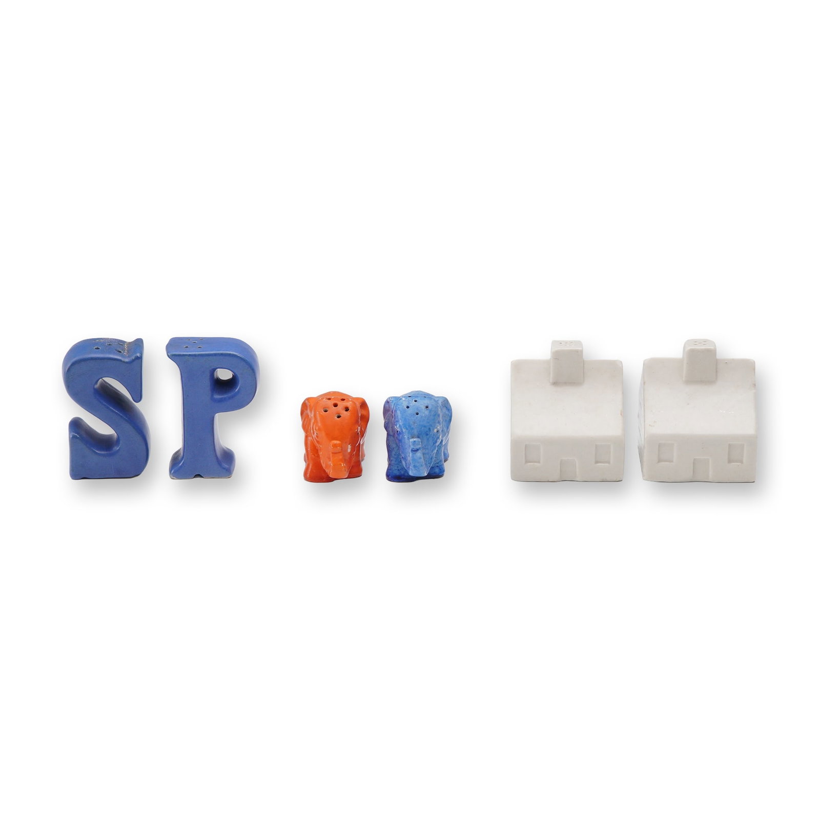 6pc Salt and Pepper Shaker Collection - Letters, Elephants, and Houses: A group of three pairs of ceramic salt and pepper shakers. The lot includes: one pair formed as the letters S and P in blue glaze; one pair shaped as elephants in orange and blue glaze with Japan mark