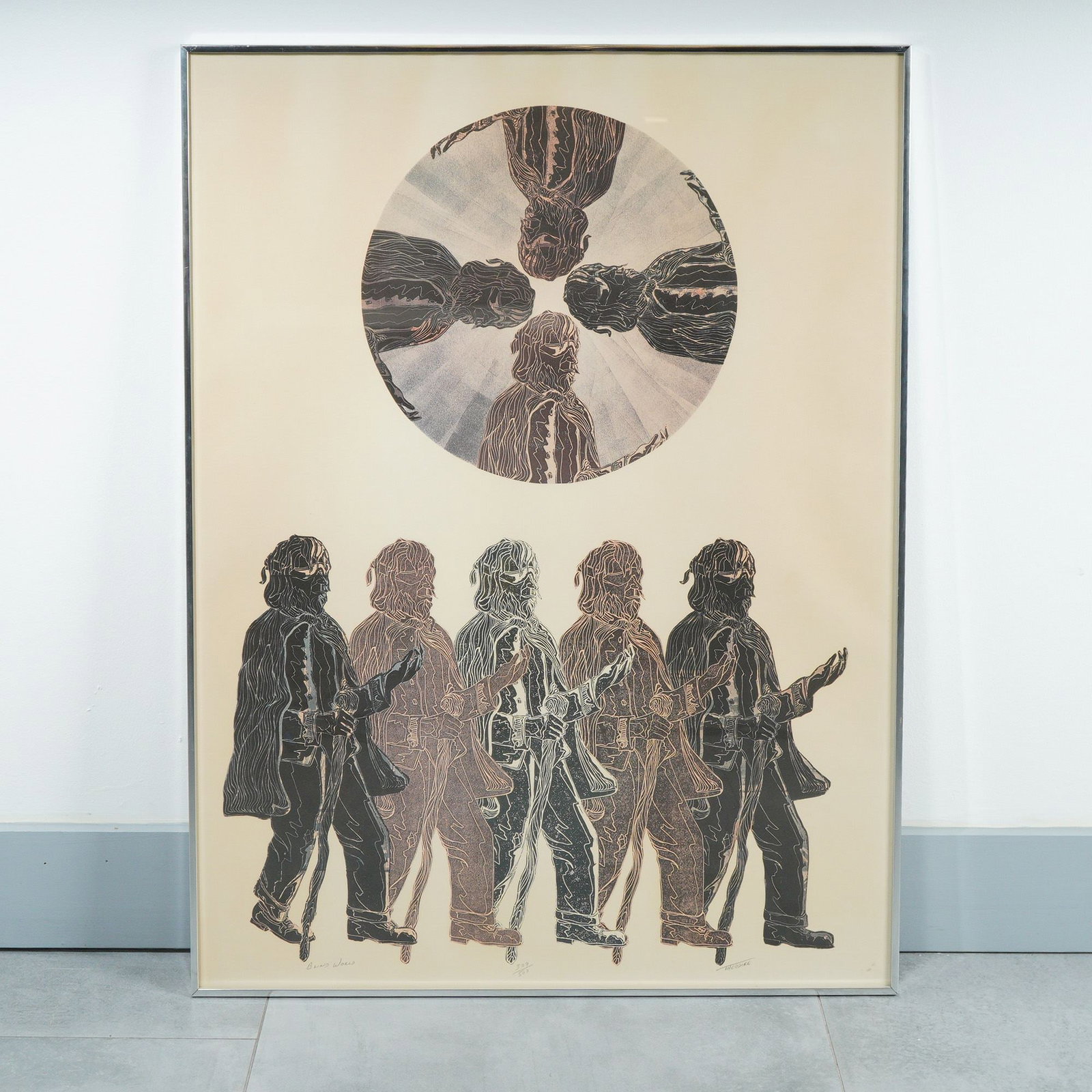 Theodore, Blind World, Large Woodcut on Paper, Edition 309/500: This large woodcut on paper is titled Blind World and is signed by the artist Theodore. The composition features stylized, monochromatic figures rendered in a woodblock or linocut technique on cream-c