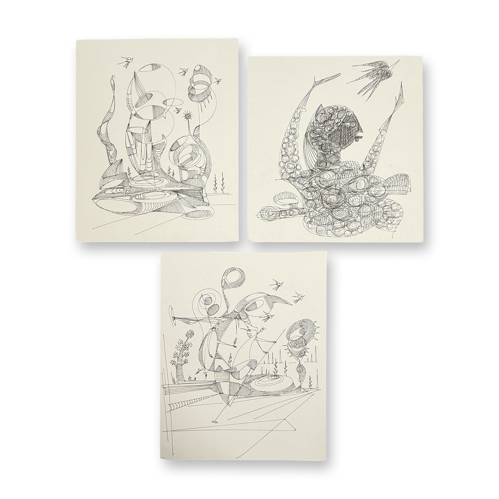 3pc Alfonso Rendon aka Masplata (Panamanian, 1957 - 2025), Pen sketch on Board, Forms: It is a spiritual world of divine entities that protect and balance the universe. The gestures in Plata's works are never-ending, bear minimal connections to the atmosphere of our planet, and often be