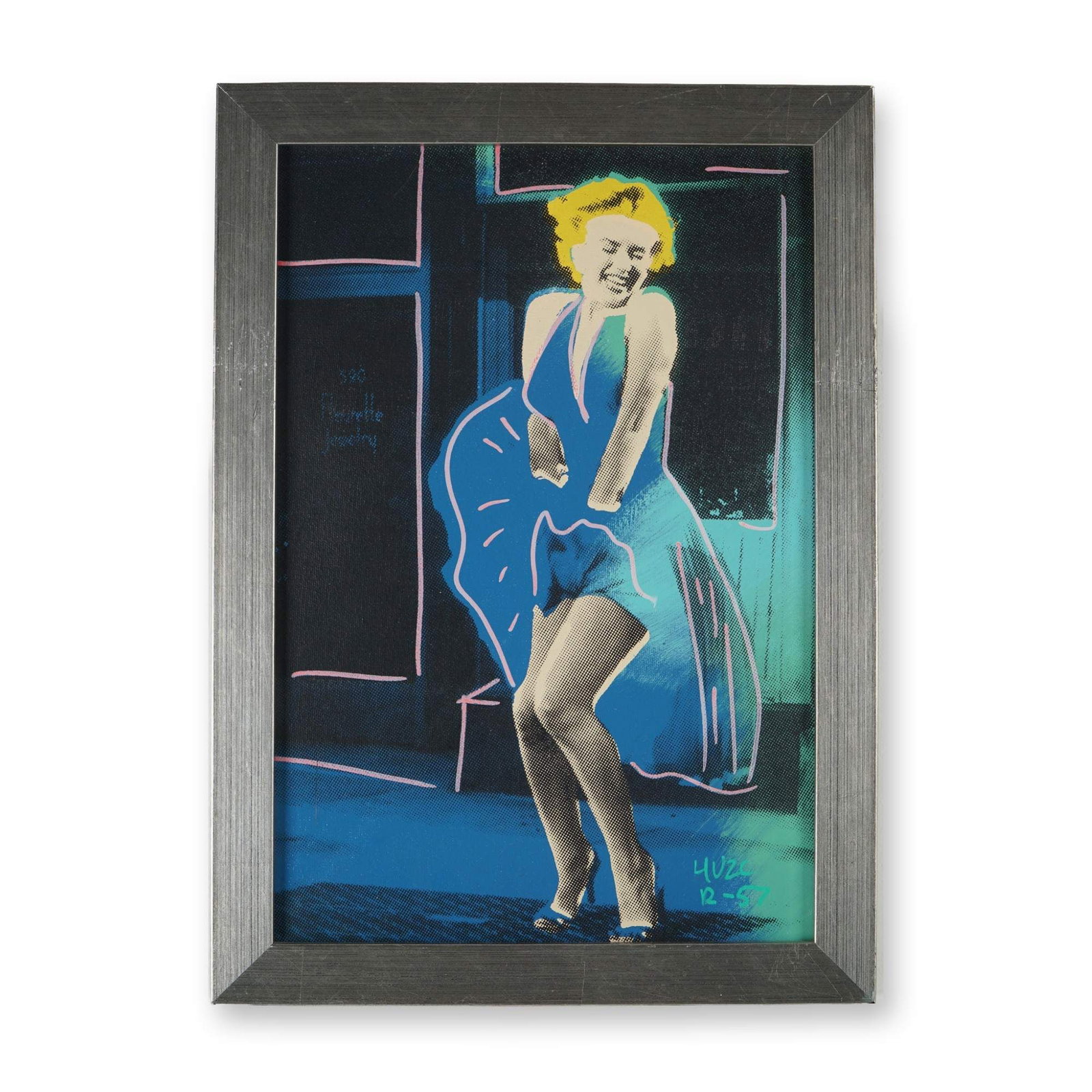 Ringo, Silkscreen on Canvas, Marilyn 7 Year Itch - Signed: Colorful pop art-style print on canvas depicting Marilyn Monroe in her iconic pose from The Seven Year Itch, with her blue dress billowing as she stands over a subway grate. The image is rendered in a