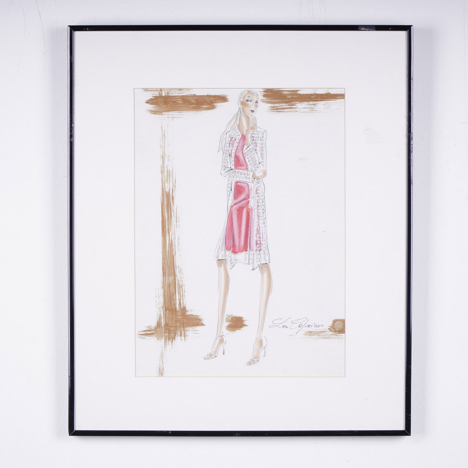 Les Copains Framed Fashion Illustration, Watercolor and Mixed Media, Signed: This original fashion illustration is attributed to the Italian luxury brand Les Copains. The artwork is a watercolor and mixed media composition on paper, featuring a stylized female figure. The mode