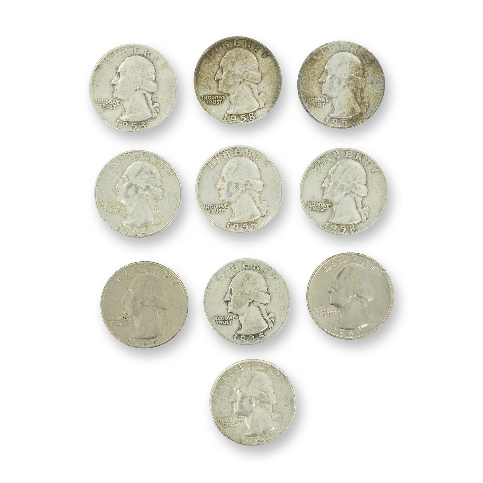10pc Pre-1964 U.S. 90% Silver Washington Quarters (1 of 2)