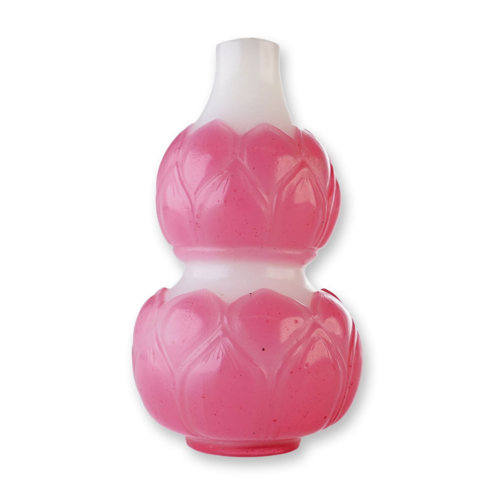 Peking Glass Overlay Snuff Bottle, Double Gourd Form, Pink Lotus: A white Peking glass snuff bottle in a double gourd form, decorated with pink overlay in a lotus flower petal pattern. Dimensions: 1.25"W x 2.25"H Weight: 1.3 oz