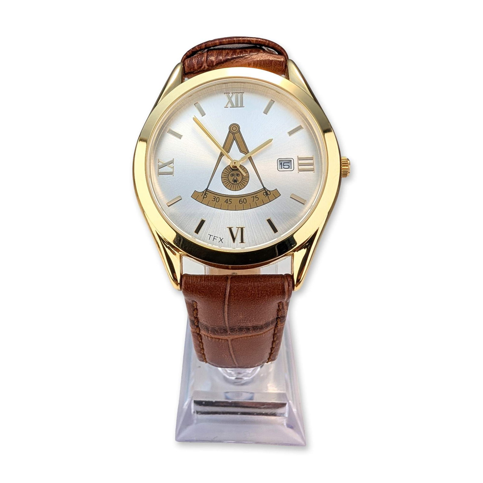 TFX Bulova Masonic Past Master Gold-Tone Wristwatch: TFX distributed by Bulova. Masonic Past Master wristwatch, reference 37B102. Features a silver-tone sunray dial with an applied gold-tone Masonic Past Master emblem, gold-tone Roman numeral markers