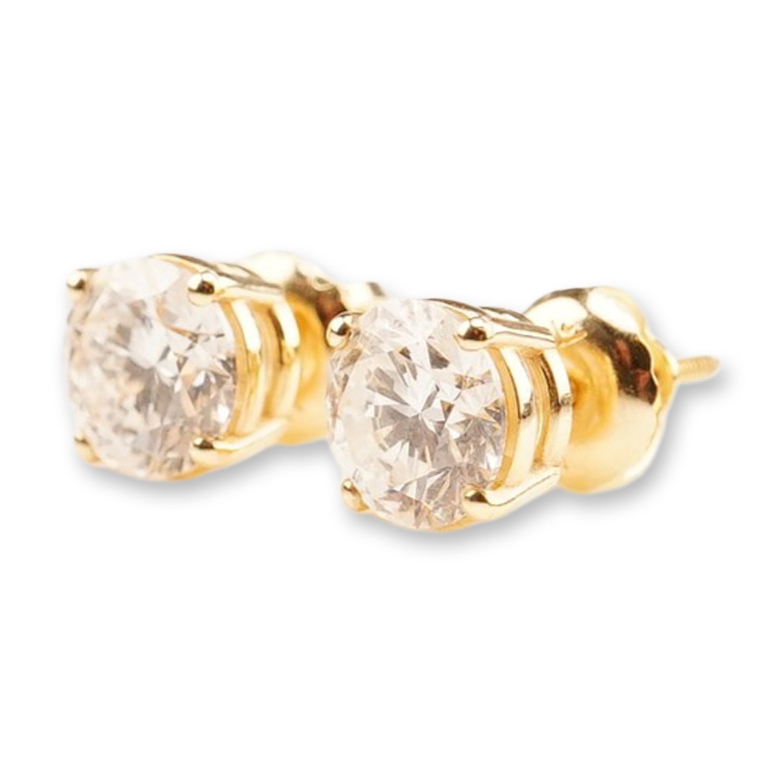 14K Gold 1.55ctw Diamond Stud Earrings: A pair of yellow gold screw-back stud earrings featuring round lab-grown diamonds, each set in a four-prong setting. The diamonds are E color with VS1 clarity, with a total combined weight of 1.55 car