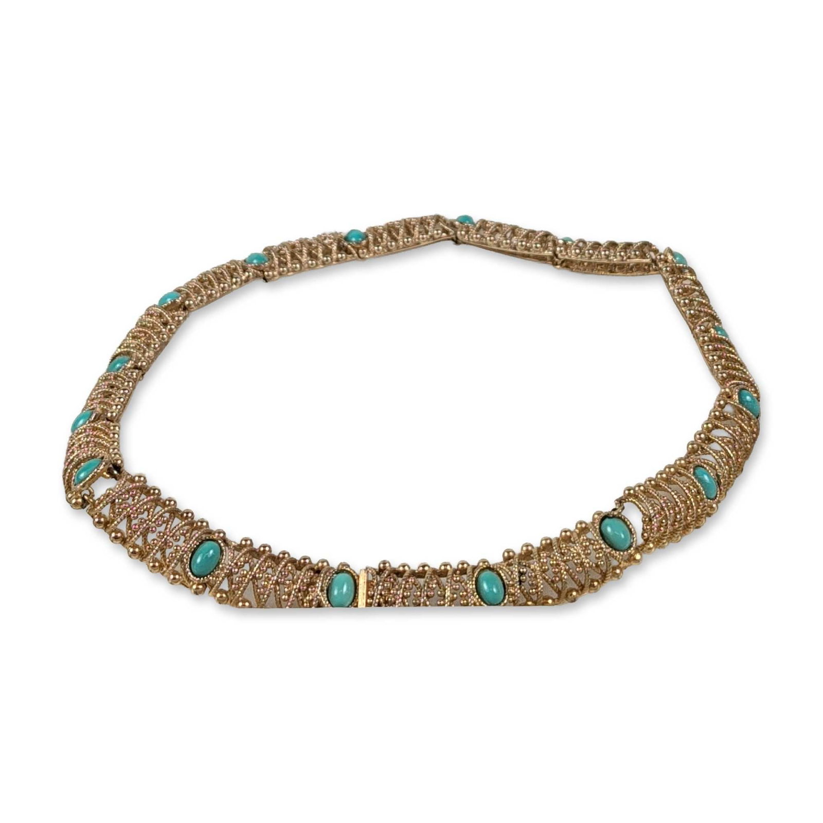 Grosse 1967 Gilt Turquoise Collar Necklace: Henkel and Grosse (Germany, 1967). Hinged collar necklace in gold-tone metal, featuring an intricate openwork design of woven wire-work and granular bead accents. The necklace is composed of multiple 