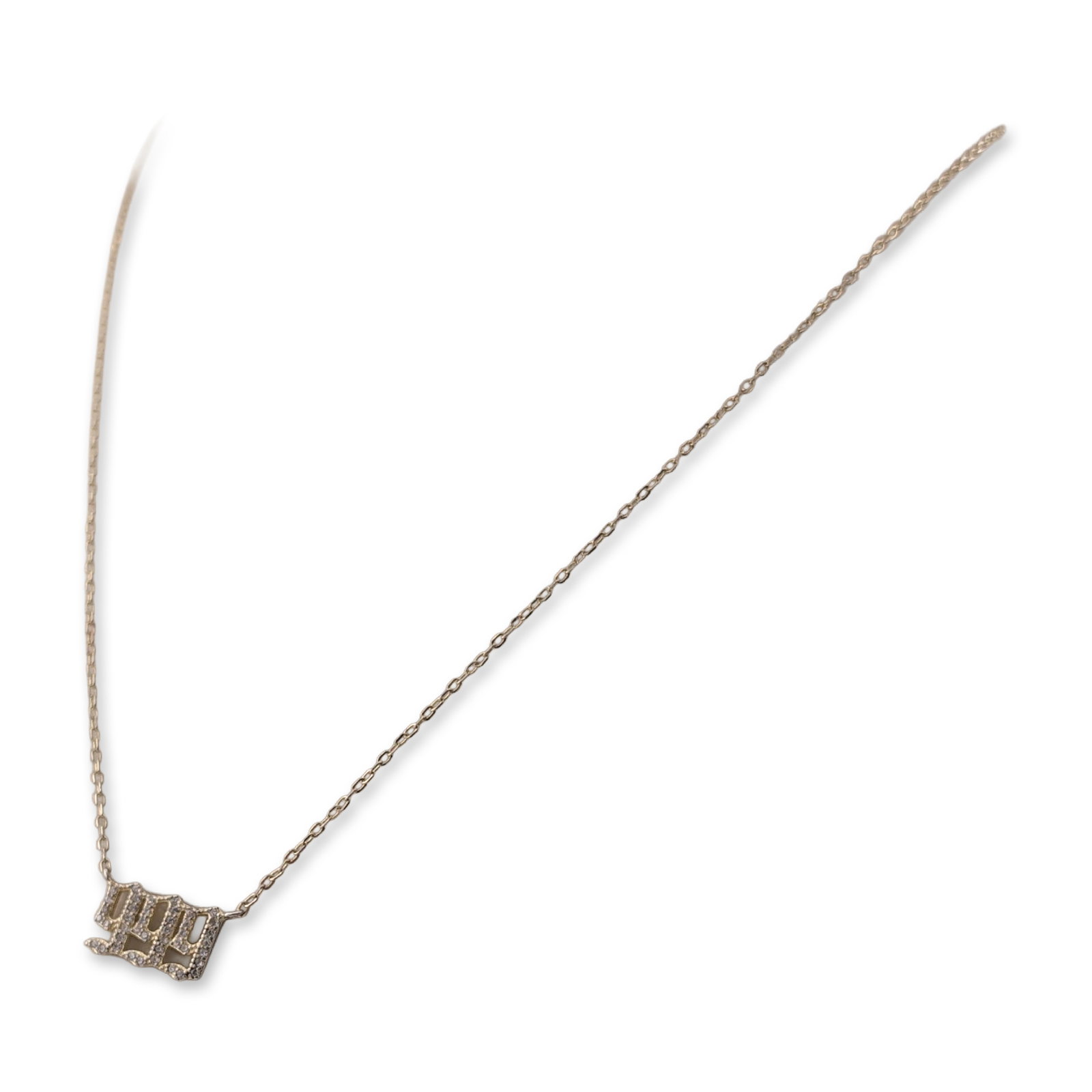 Gothic Style Gold-Plated Sterling Silver 999 Necklace: Gold-plated sterling silver necklace featuring an integral pendant in the form of the numbers 999 rendered in a gothic script. The pendant is pave-set with small round colorless synthetic stones. The 