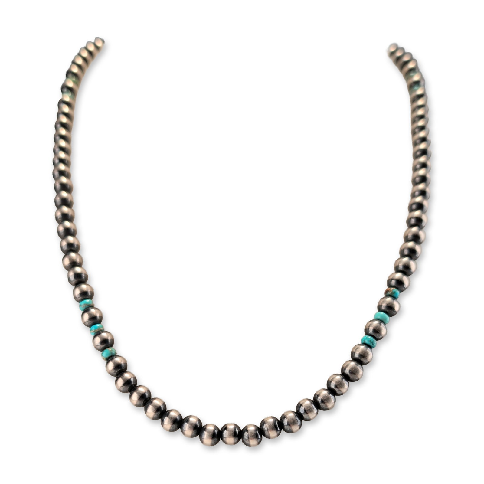 Navajo Style Sterling Silver and Turquoise Beaded Necklace: Southwestern style beaded necklace in sterling silver and turquoise, featuring a single strand of round polished beads accented with turquoise heishi disks. Secured with a hook-and-eye clasp. Thermo S