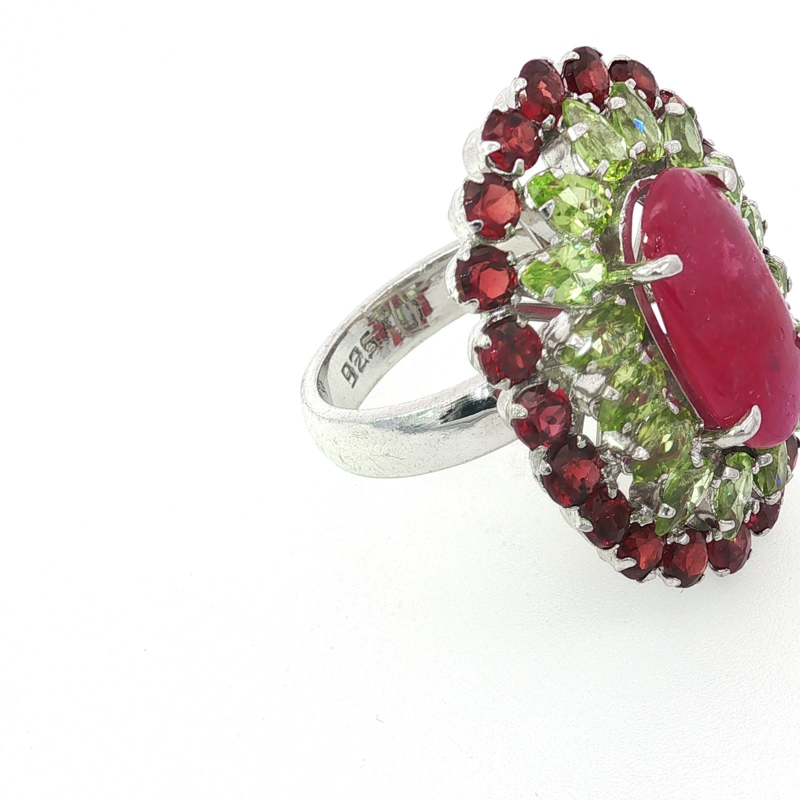 Sterling Silver Ruby and Peridot Cocktail Ring - 5
