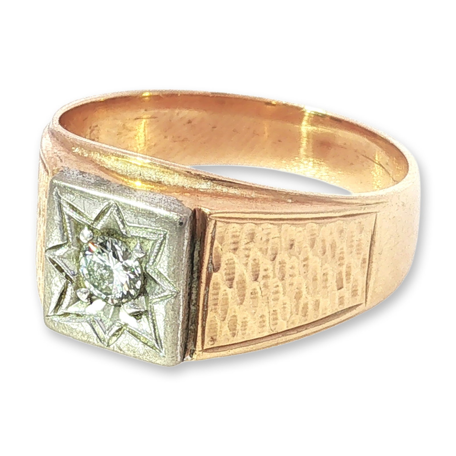 14K Yellow Gold and Diamond Signet Ring: Mid-century style gentleman's signet ring in 14k yellow gold, featuring a central round brilliant-cut diamond. The diamond is illusion-set within an eight-pointed star motif centered on a square white