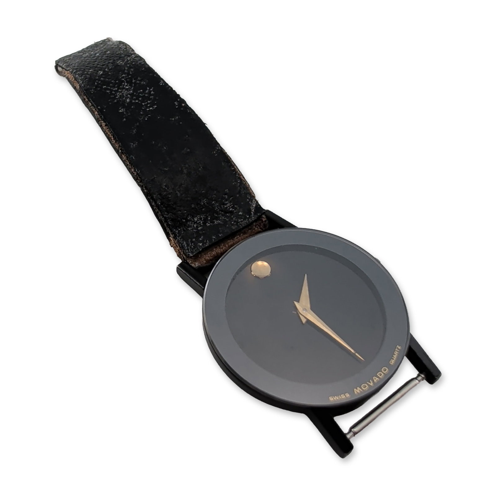 Movado Museum Black Quartz Watch: Movado Museum Swiss quartz watch, reference 87 25 855N. The timepiece features a matte black finished case with a stainless steel case back secured by four screws. The signature black dial is designed
