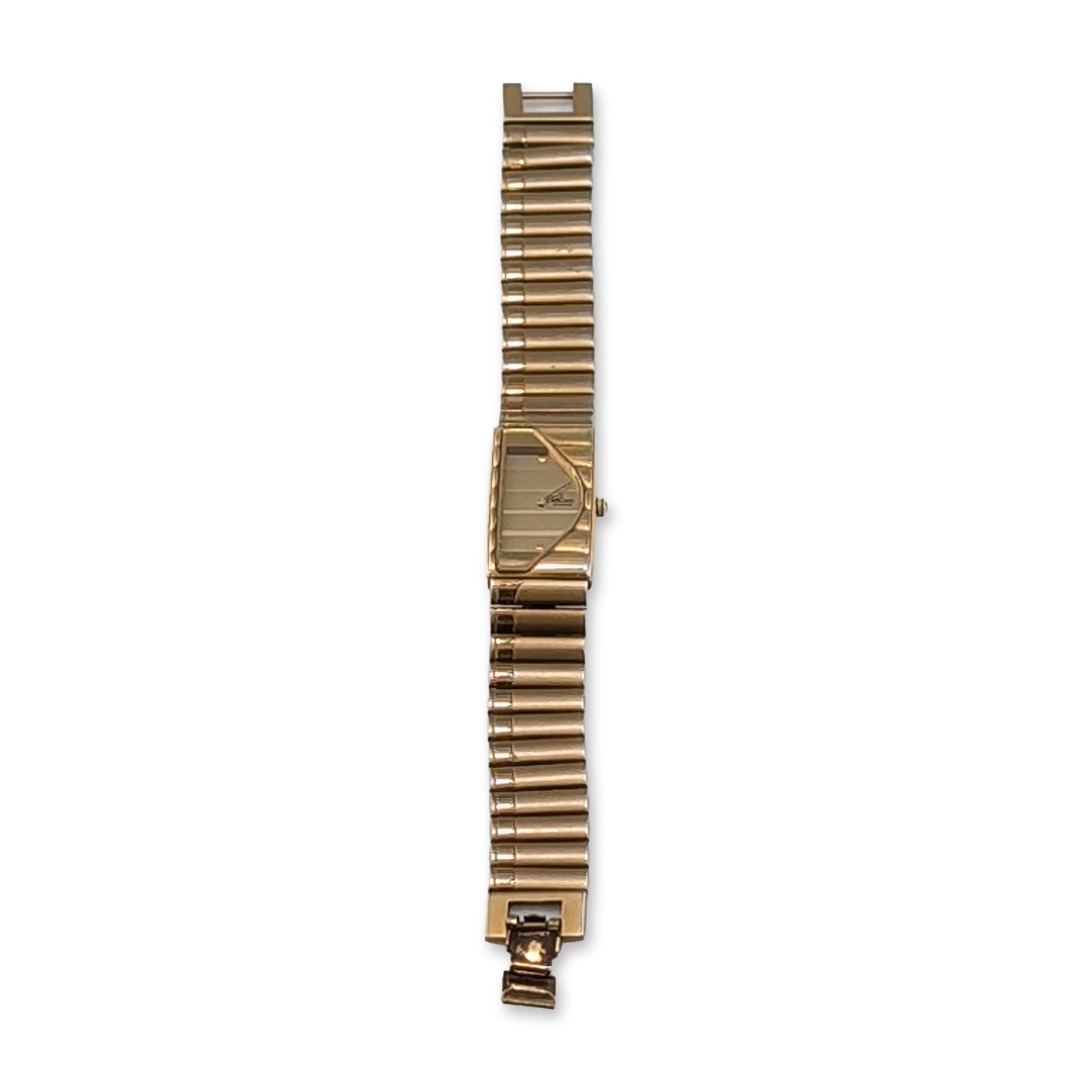 Seiko Rivoli Half Moon Gold Tone Ladies Dress Watch: Seiko (Japanese). Ladies quartz dress wristwatch, reference 2V00-5N19, from the Rivoli series. Gold-tone base metal rectangular case featuring a distinctive asymmetrical arched aperture. The