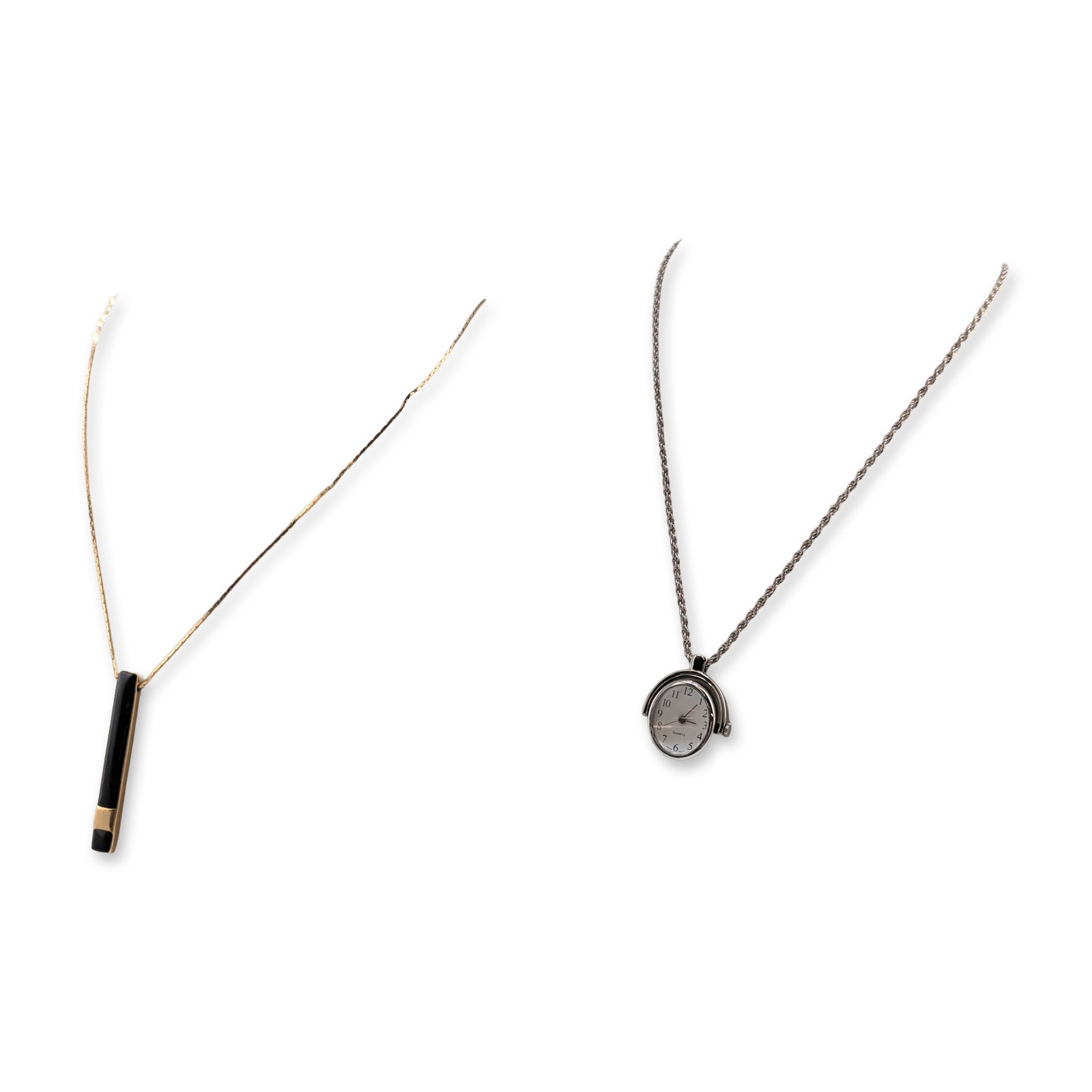 2pc Napier Pendant Necklace and Quartz Watch Necklace: Two necklaces are featured: a gold-toned Napier piece and a silver-toned swivel watch pendant. The Napier necklace has a rectangular bar pendant with black enamel on the front and a textured back, mar