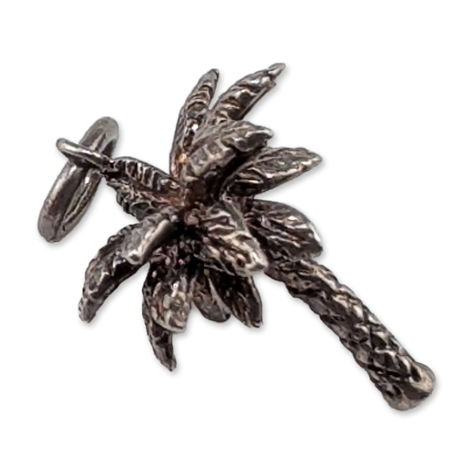 Tiffany & Co. Sterling Silver Palm Tree Charm: Tiffany & Co. palm tree charm in sterling silver, featuring a three-dimensional design with a textured trunk and detailed fronds. The pendant is fitted with a small circular jump ring at the top.