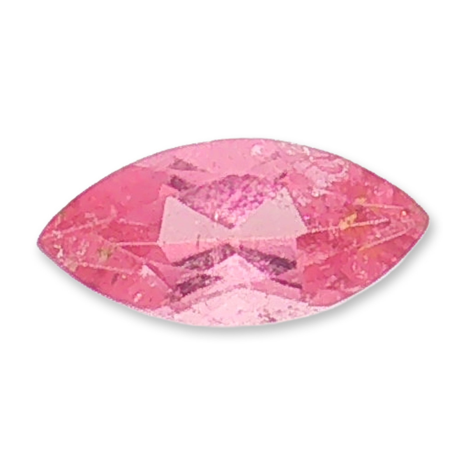 Marquise Cut Pink Tourmaline Loose Gemstone: Loose gemstone appears to be a pink tourmaline, showcasing a vibrant pink hue and fashioned into a classic marquise cut. The elongated shape features pointed ends and a faceted surface. Internal exami