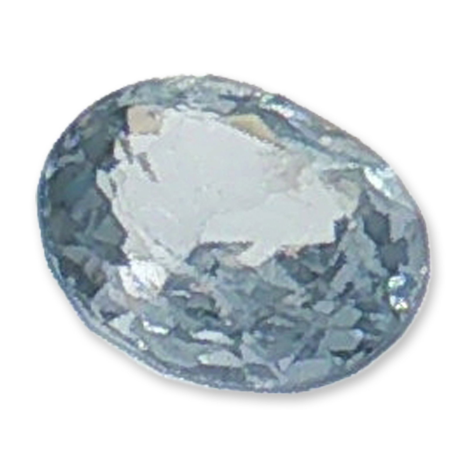 Light Blue Oval Cut Quartz Gemstone: Loose faceted gemstone appears to be quartz in a light grayish-blue or steel blue hue. The stone features an oval mixed cut with a brilliant-style crown and a step-cut pavilion. The color is evenly di