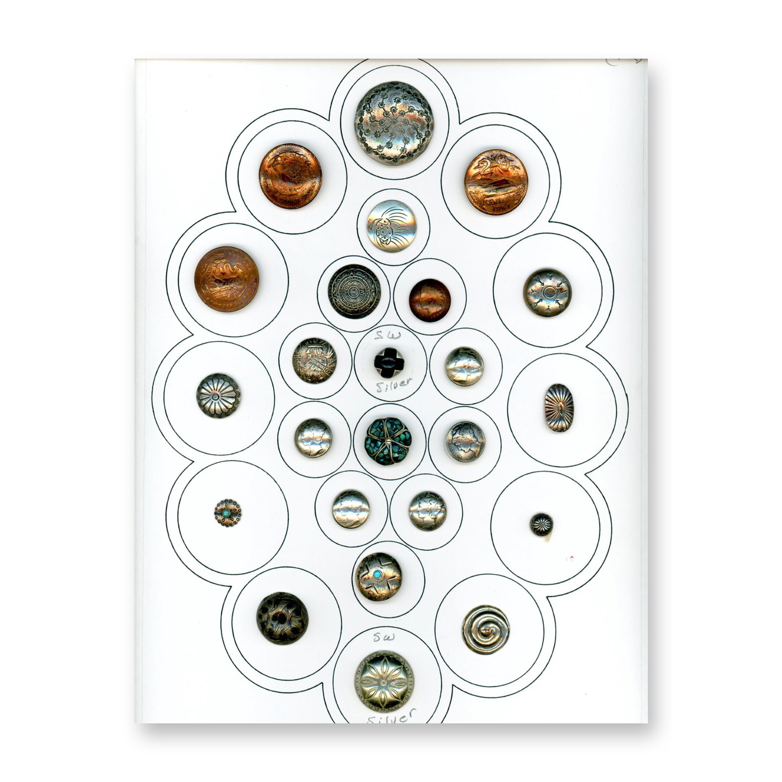 A CARD OF AMERICAN INDIAN METAL BUTTONS: 24 S/M/L Southwest silver and copper examples. This lot includes some lovely examples from the American Indian reservations. Some examples here are set with Turquoise and other materials like black on
