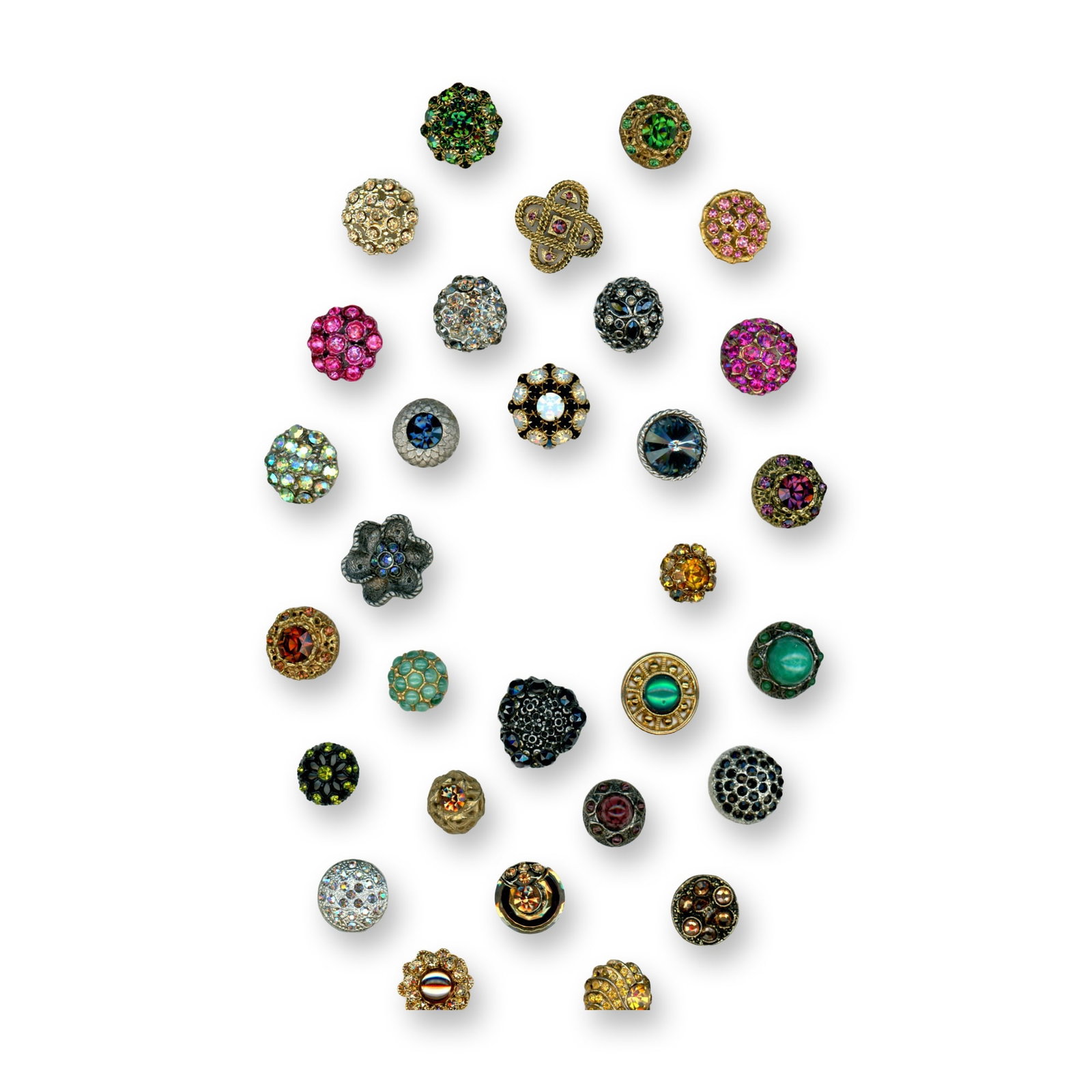 A CARD OF EARLY TO MID 20TH CENTURY "GLITZ" BUTTONS: 30 Medium size examples in a variety of colors. This card includes a great selection of stunning "Glitzy" examples in a variety of colors and shapes. Dimensions: SM=Less than 3/4", Medium=3/4" to 1 1/