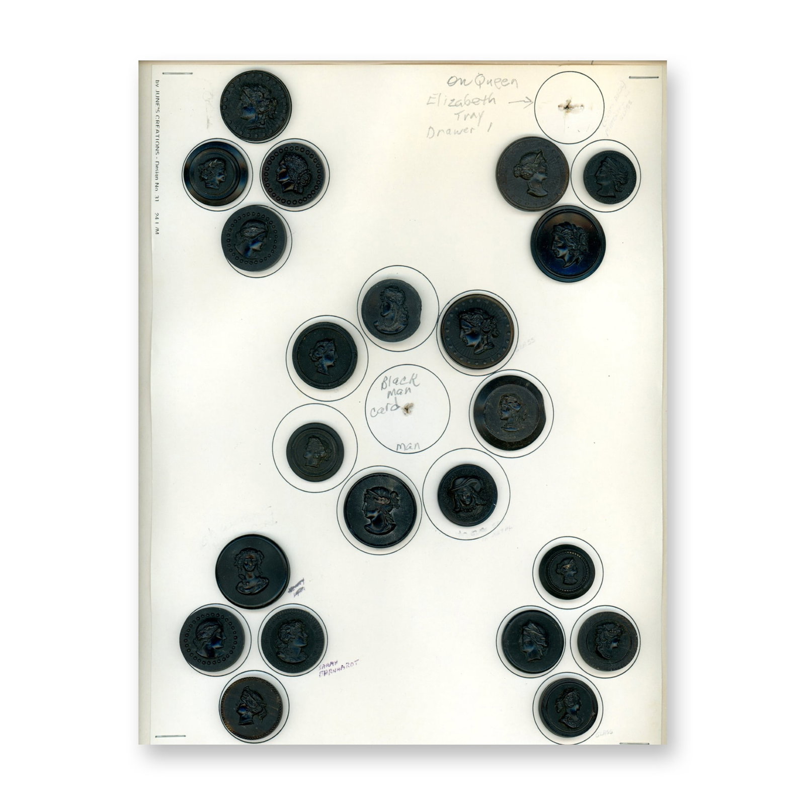1 CARD OF DIVISION ONE HORN BUTTON: 22 Medium size 19th century black dyed head examples. Here is a card with a variety of men and women heads in molded horn. The card includes several famous people of the 19th century including Sarah B
