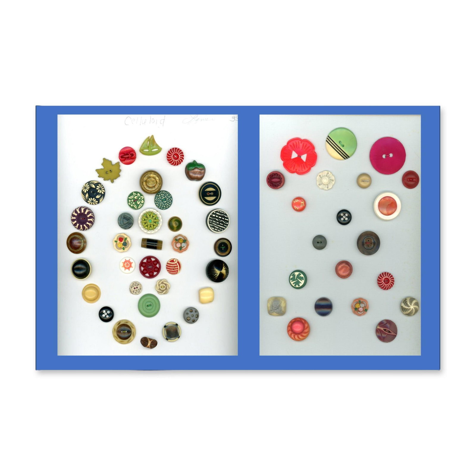 2 CARDS OF ASSORTED 1920'S CELLULOID BUTTONS: 56 S/M/L Assorted techniques and colors. Here are two nice cards compiled by the late Barb and Don Lanier of Florida and includes a great selection of early 20th century celluloid examples in nice con