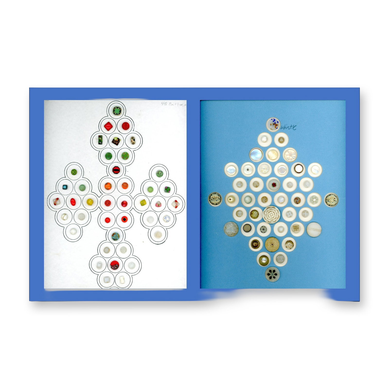 2 CARDS OF ASSORTED CLEAR AND COLORED GLASS BUTTONS: 84 Diminutive/Small specialized to colored & clambroth examples. One card includes a selection of colors and the other includes clambroth and pearlized examples. Dimensions: SM=Less than 3/4", Medium=