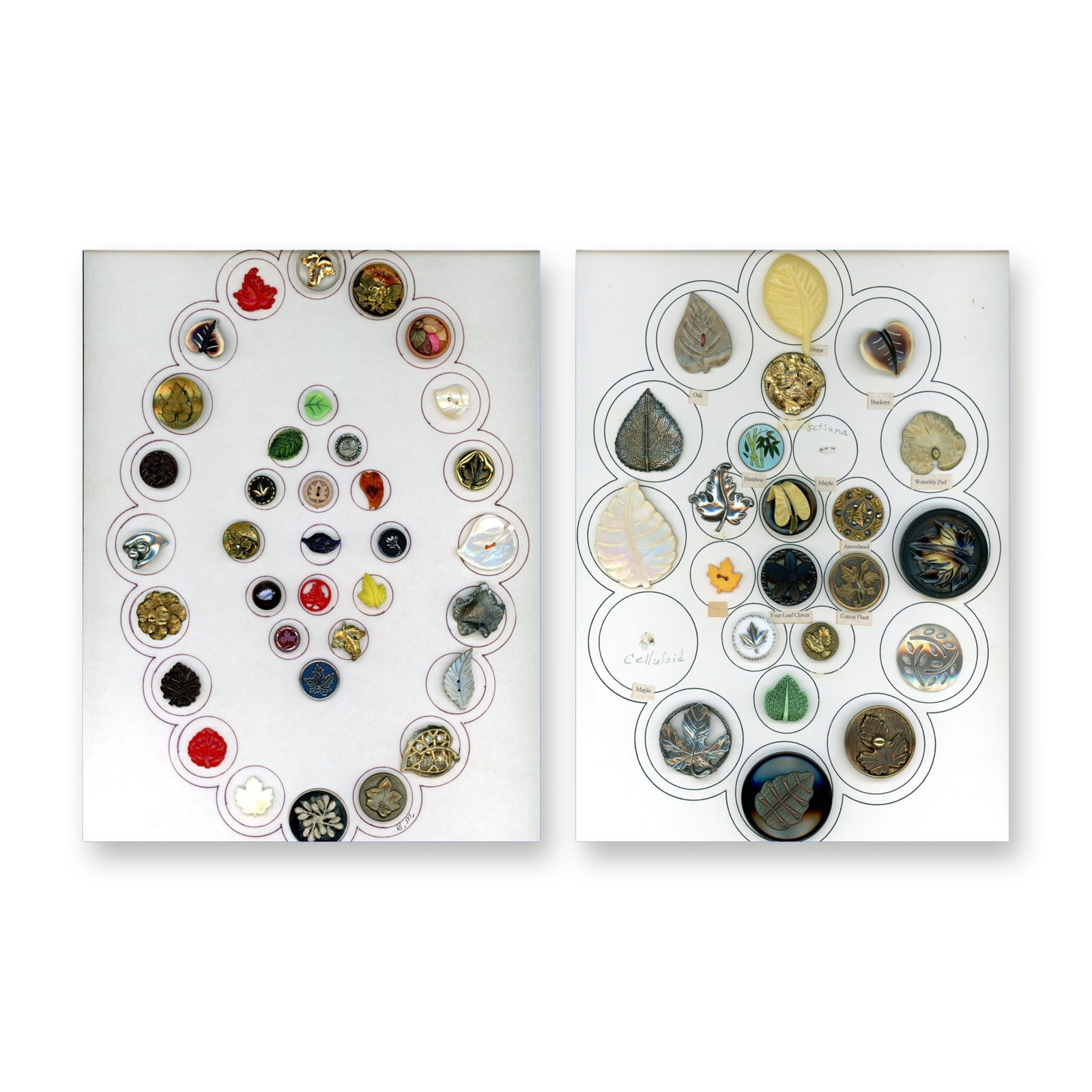 2 CARDS OF DIVISION 1 AND 3 ASSORTED LEAVES BUTTONS: 57 S/M/L 19th/20th century assorted material examples. This card includes a large variety of materials including enamel, metals, pearl, celluloid and more. Several realistic and other shapes, pierced 