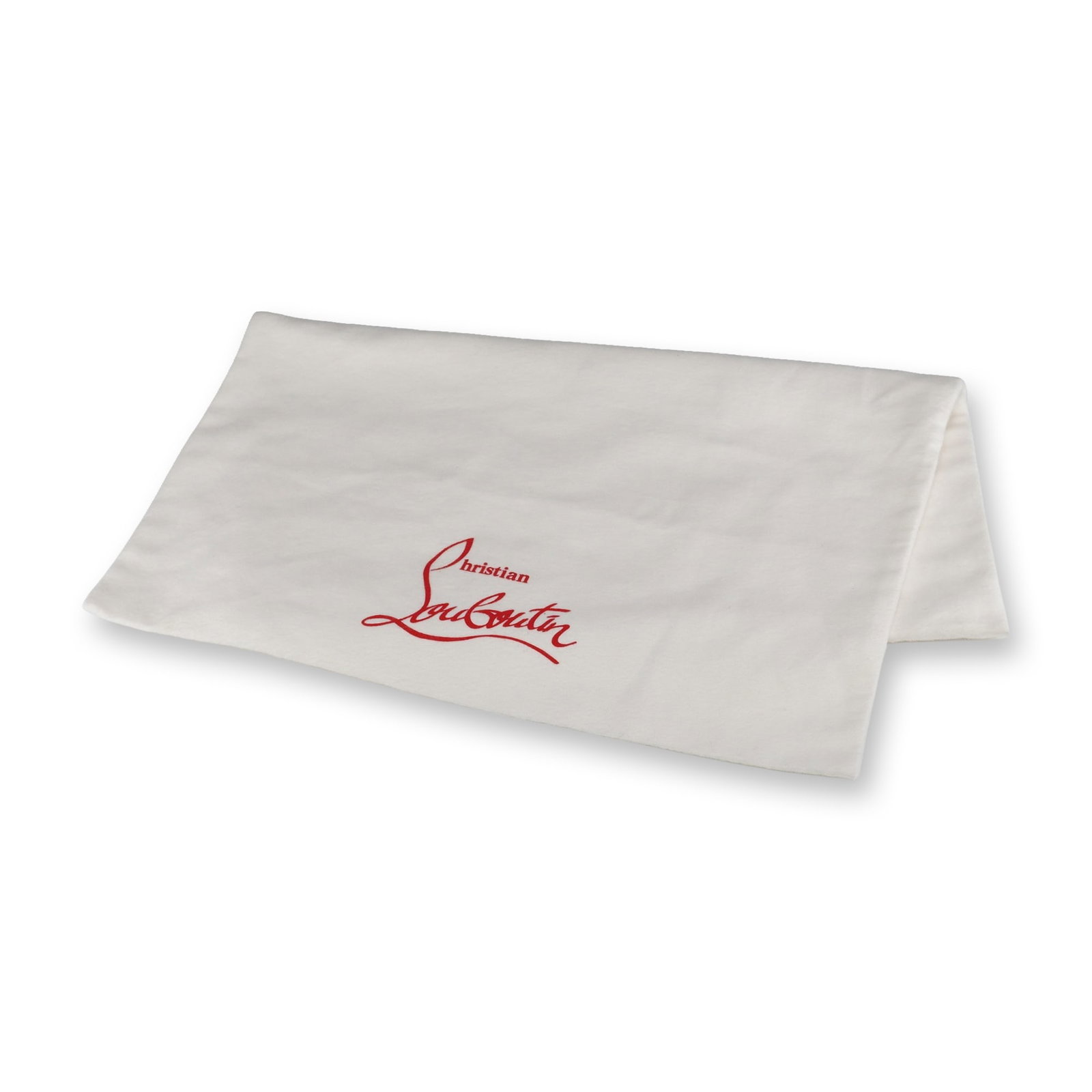 Christian Louboutin White Dust Bag: A Christian Louboutin white dust bag. This off-white, rectangular textile dust bag is made from cotton or a similar soft fabric. It features the brand name "Christian Louboutin" prominently 