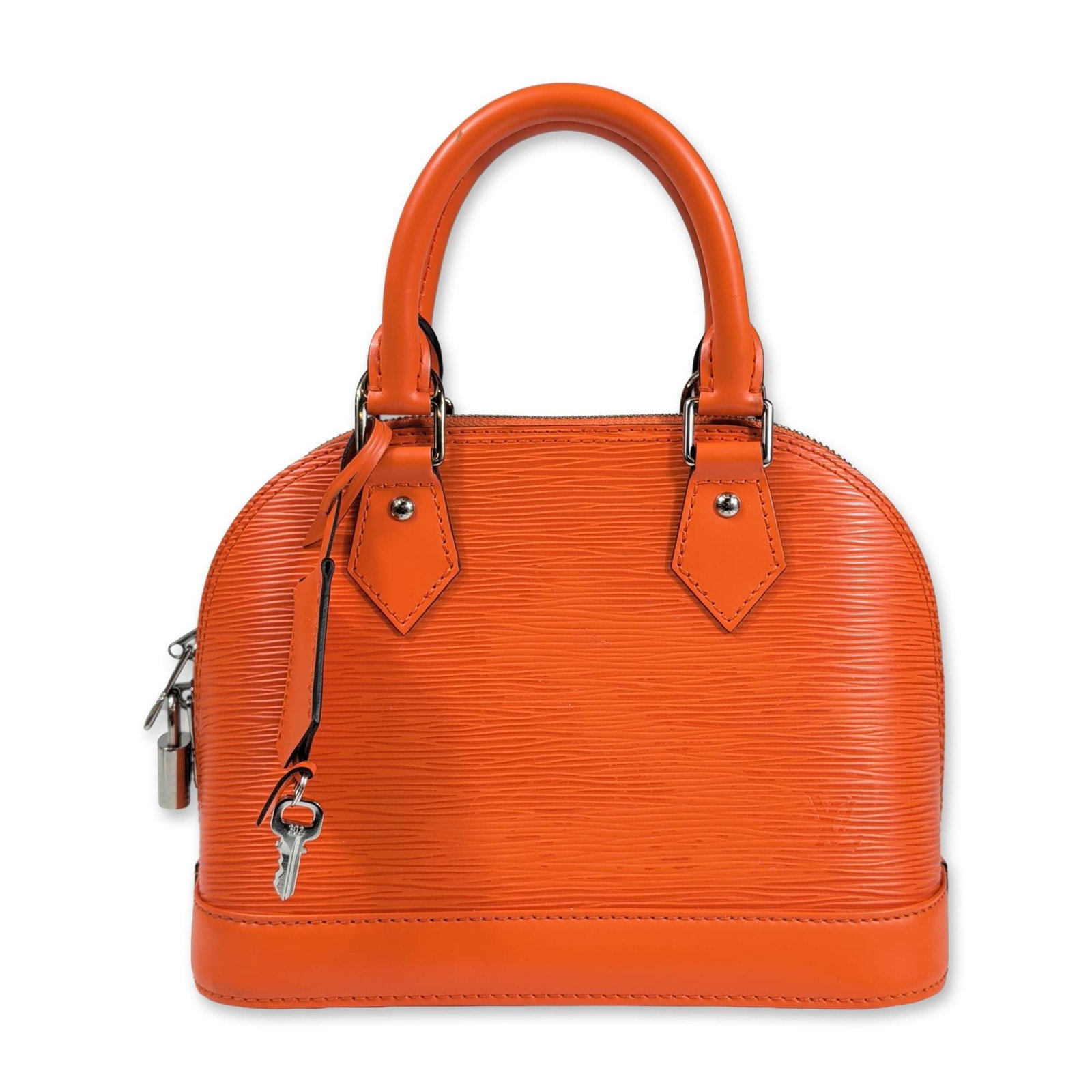 Louis Vuitton Piment Epi Leather Alma BB Bag: Louis Vuitton Alma BB handbag in Piment orange Epi leather, featuring a structured domed silhouette with silver-tone hardware. The exterior includes two rolled leather top handles, an embossed LV