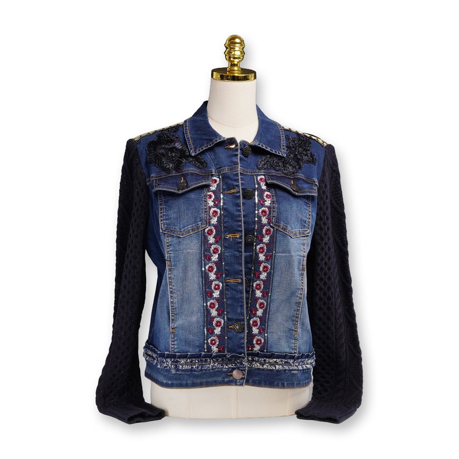 Desigual Mixed-Media Denim Jacket with Floral Embroidery and Sequin Details (1 of 5)