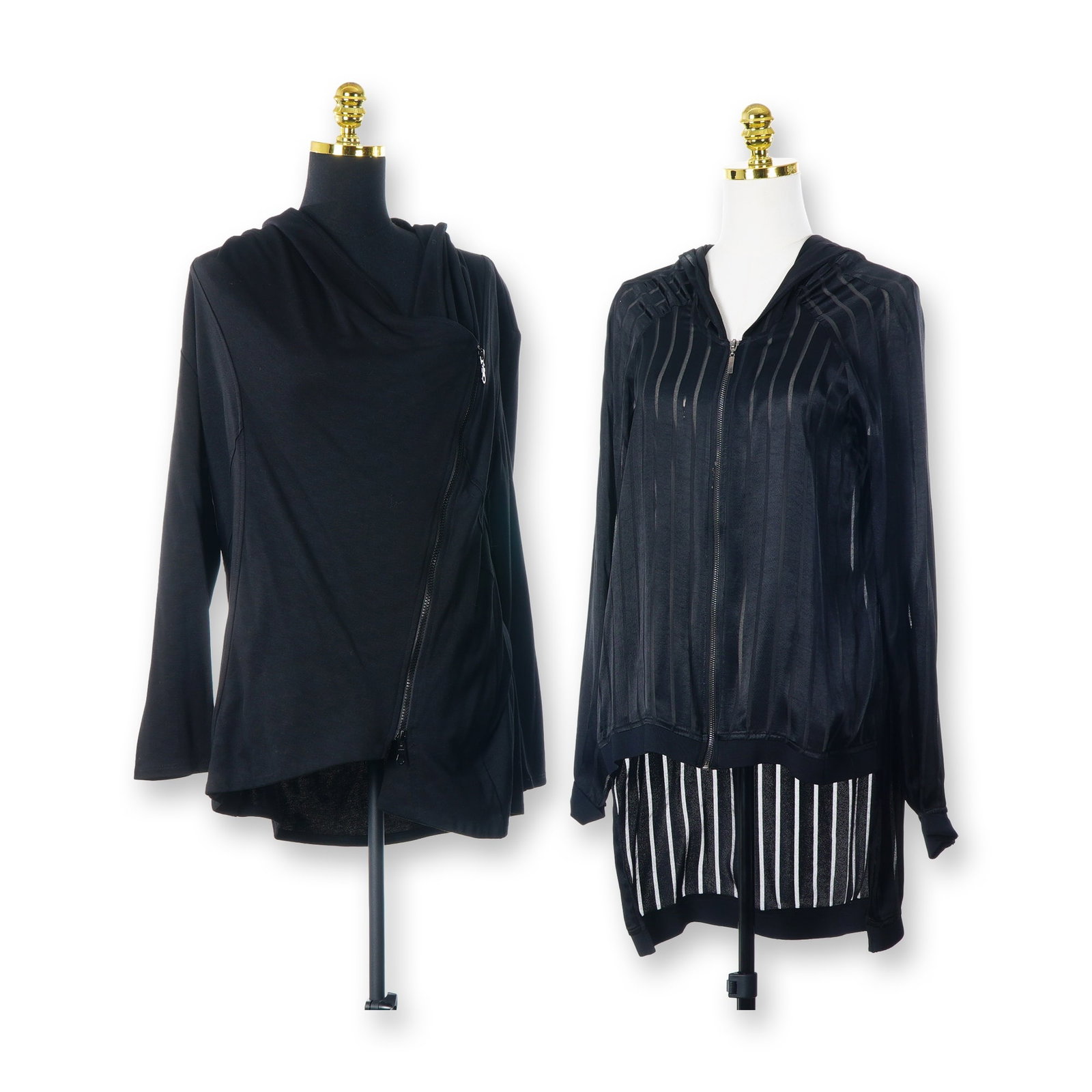 Two Designer Hooded Jackets Including Ruti Laurel Striped Zip Up and Blanque Asymmetrical Zip Hoodie: This lot features two contemporary black hooded garments from the designers Ruti and Blanque. The first item is a Ruti Laurel Black Striped Hooded Zip Up Jacket in size 2. It is crafted from a
