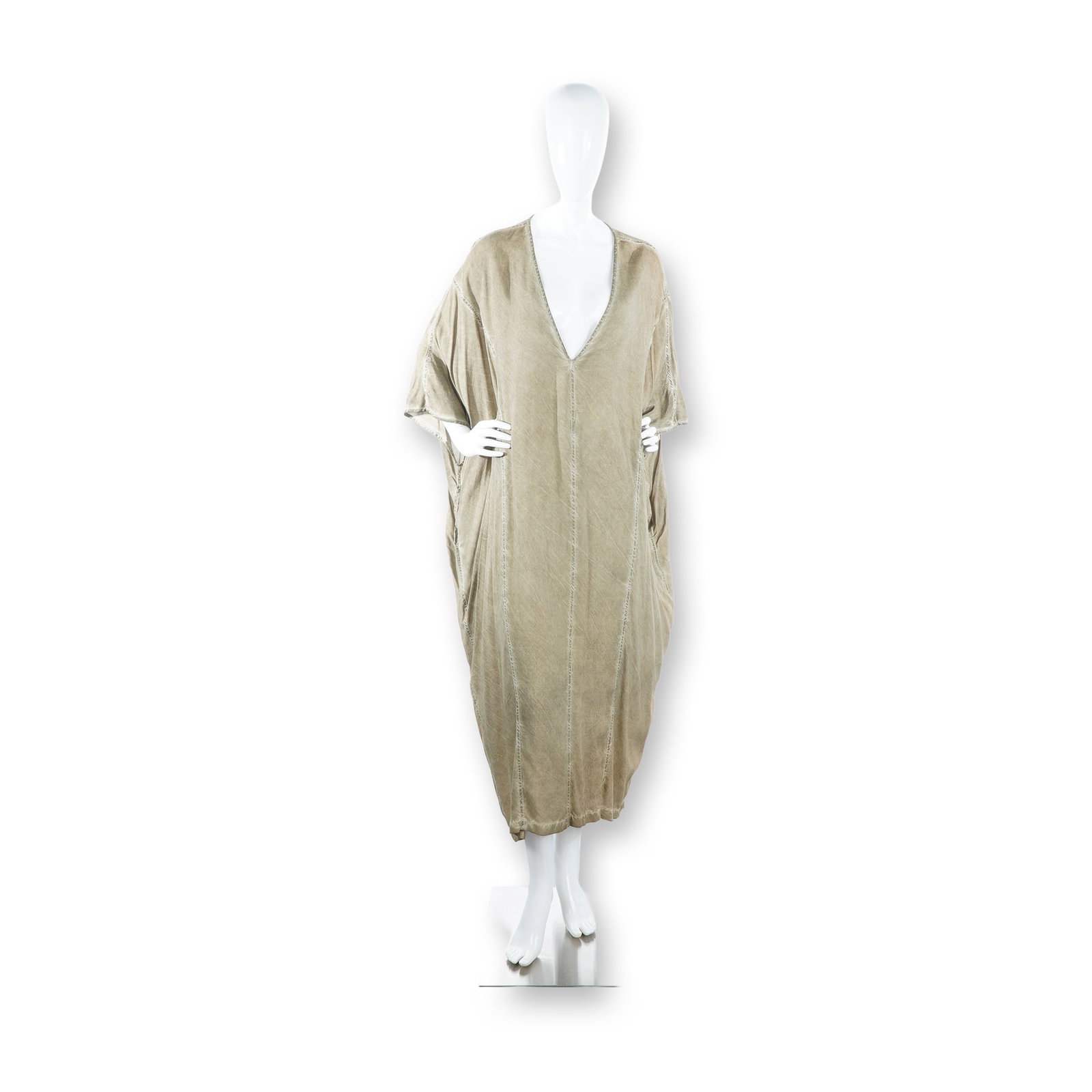Nicholas K Sierra Military Olive Kaftan Maxi Kaftan Style Dress: A Nicholas K Sierra kaftan-style maxi dress constructed from Livaeco by Birla Cellulose, an eco-enhanced fluid cellulose fiber. The garment features an oversized, draped silhouette in a military