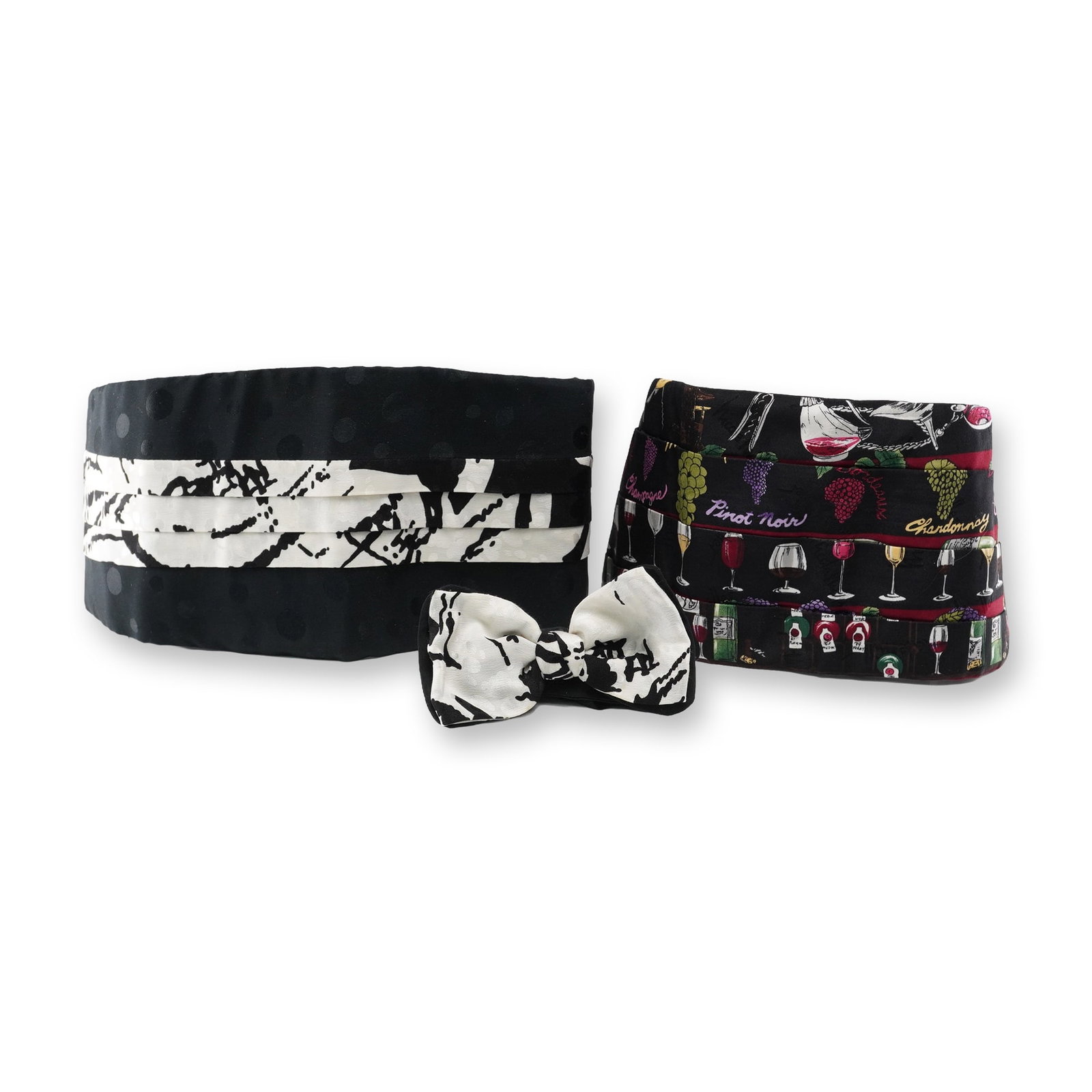 3pc Cummerbund and Bow Tie Collection: Collection of three adjustable formal accessories including a black and white Mr. Night cummerbund with a matching adjustable bow tie, both featuring abstract patterning, along with a colorful wine