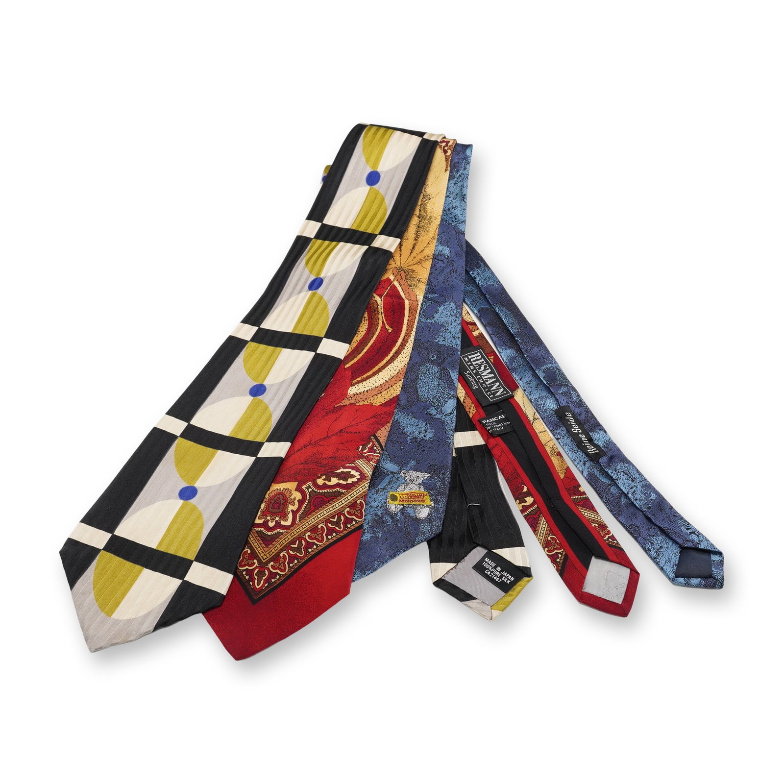 3pc Steiff Club, Resmann, and Modules Neck Ties: A group of three men's ties that includes a Modiles Classics tie with a bold geometric grid pattern in black, cream, olive, and blue, a Vitaliano tie with a red ground and an ornate paisley and leaf