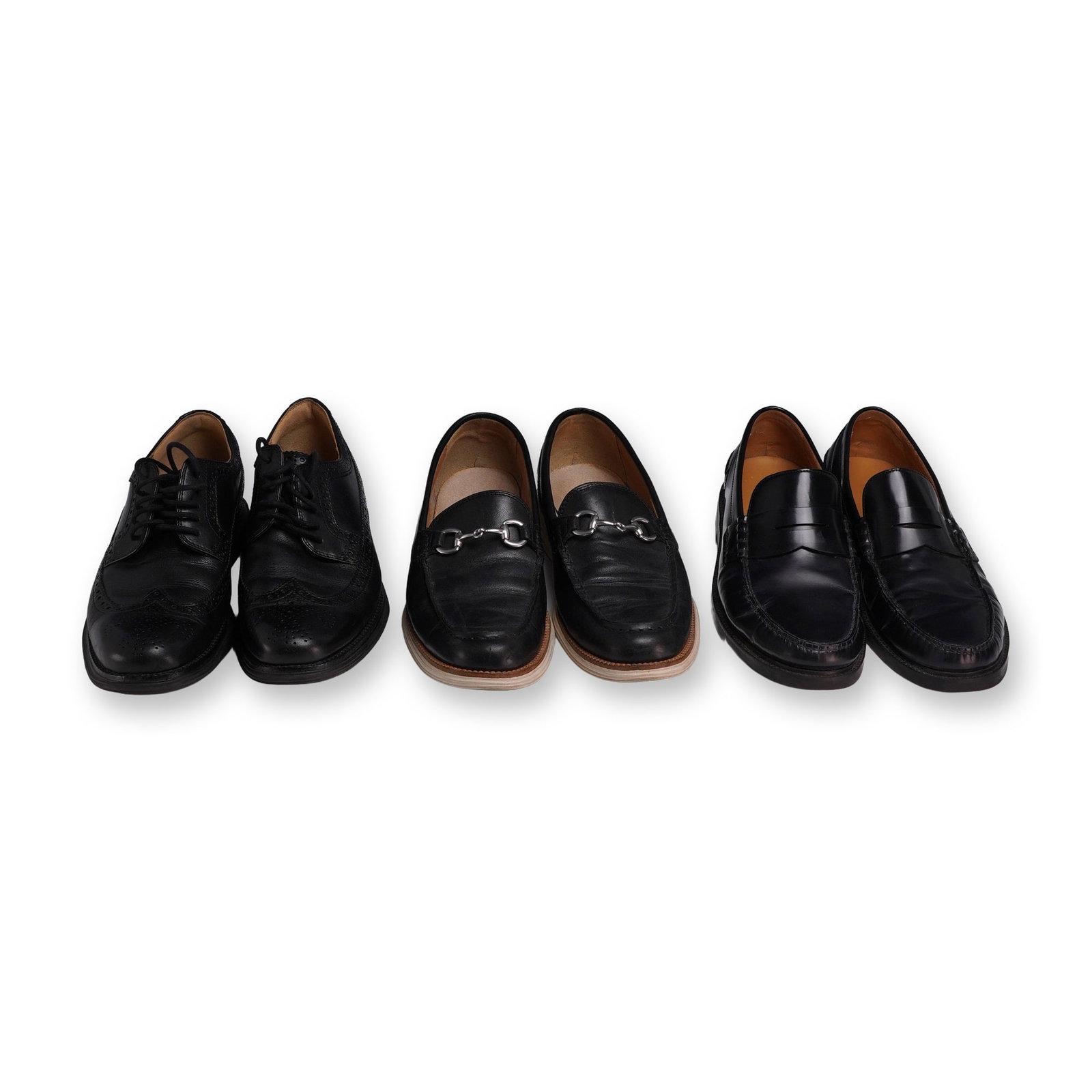 3 Pairs of Cole Haan Men's Leather Shoes: Trio of men's size 9M black leather shoes. This collection includes one pair of C13737 Wingtip Lunargrand Oxfords featuring black leather uppers with traditional brogue detailing and black Lunarlon ru