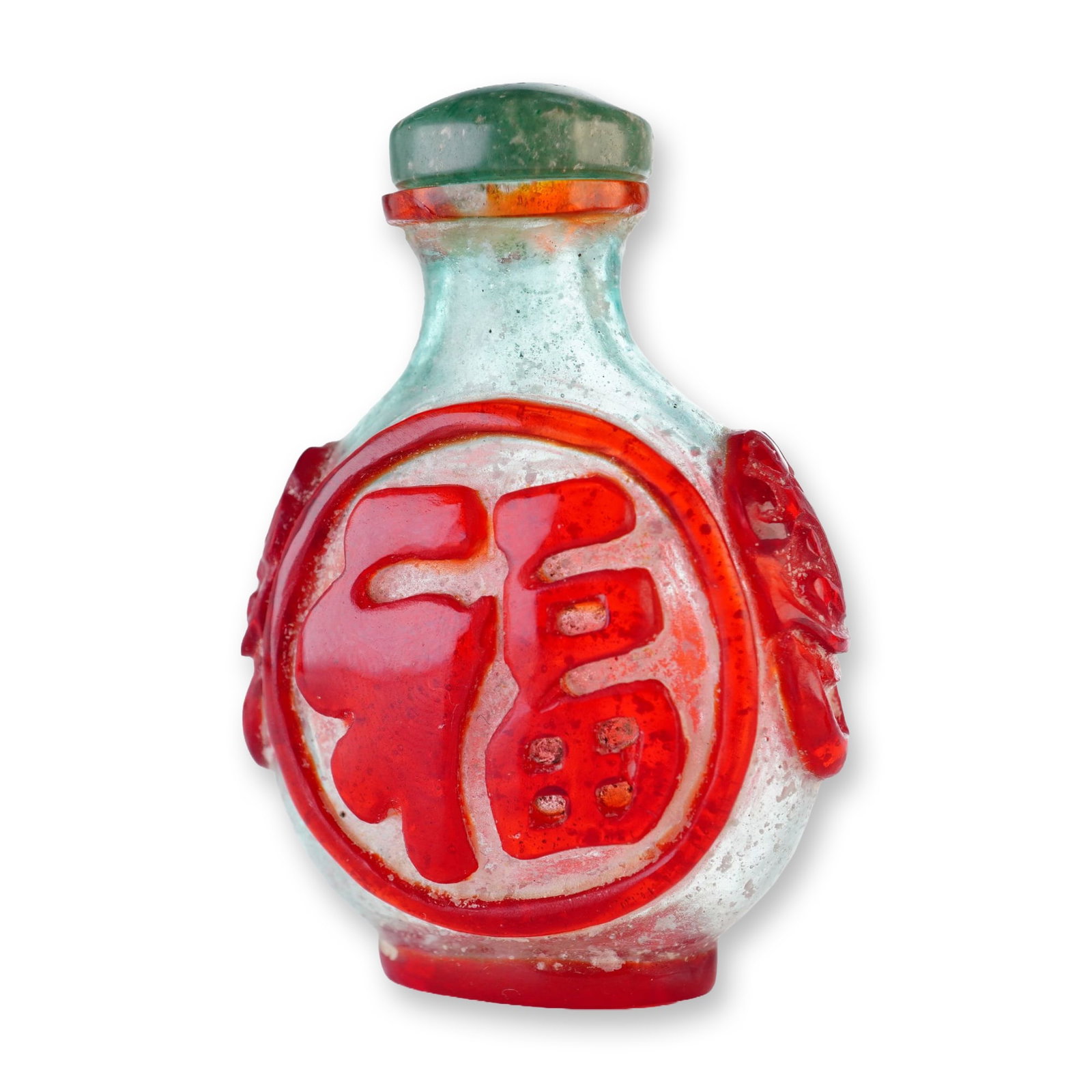 Peking Glass Overlay Snuff Bottle, Light Green with Red Character Panels (1 of 3)