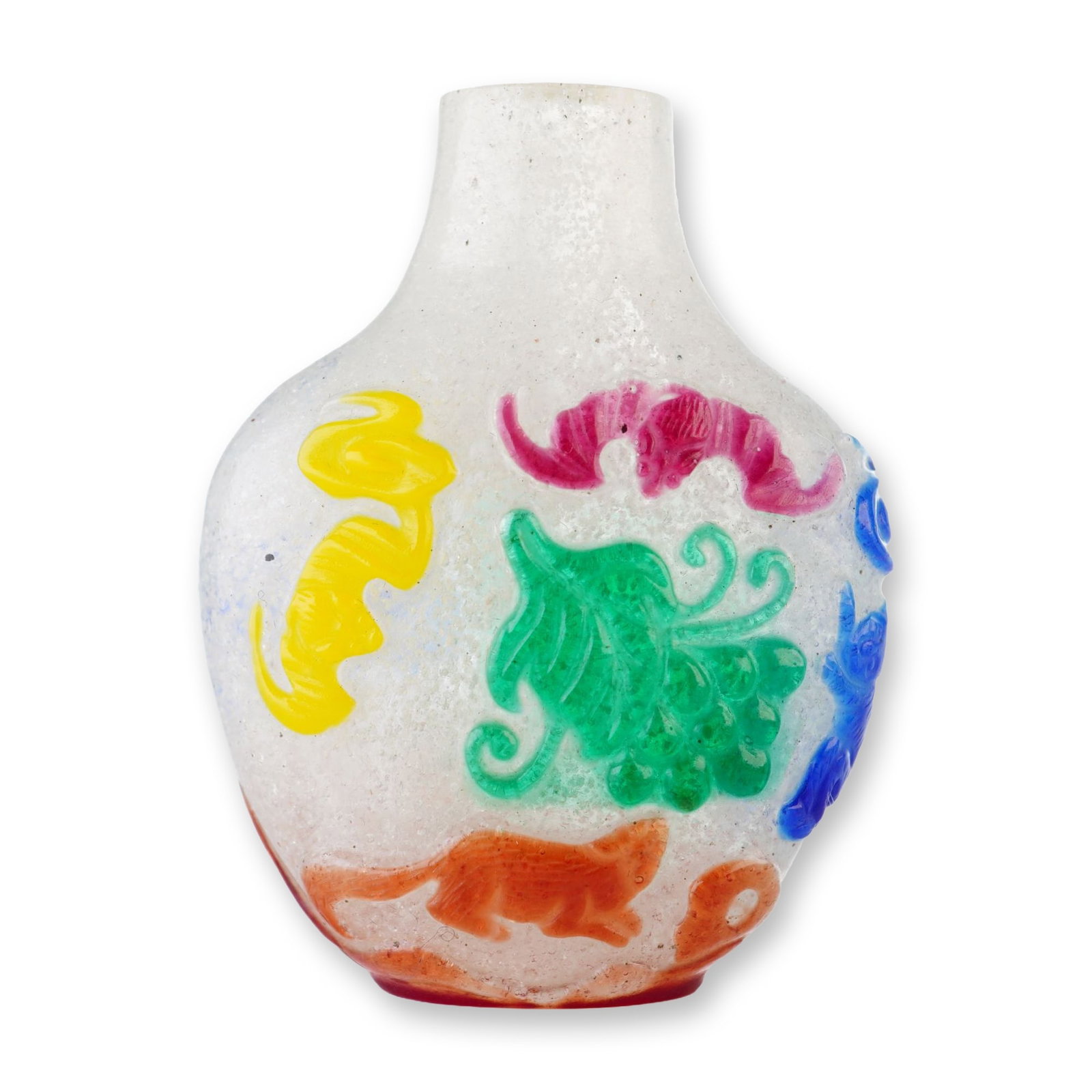 Peking Glass Snuff Bottle, Multi-color Overlay Deer, Bats, and Squirrels: A clear round Peking glass snuff bottle featuring a snowflake pattern decorated with relief multi-color overlay depicting bats, squirrels, and deer. Dimensions: 1.75"L x 1"W x 2.25"H Weight: 1.8 oz