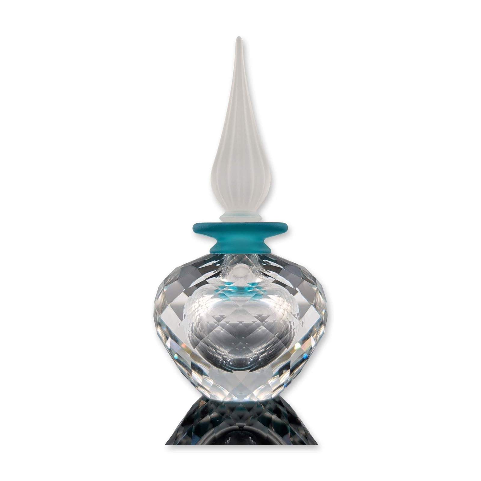 Swarovski Oriental Flacon Crystal Perfume Bottle with Stopper: Swarovski Oriental Flacon perfume bottle in faceted lead crystal, featuring an integrated aquamarine-colored collar and a frosted flame-form stopper. The underside is marked with an etched Swarovski s