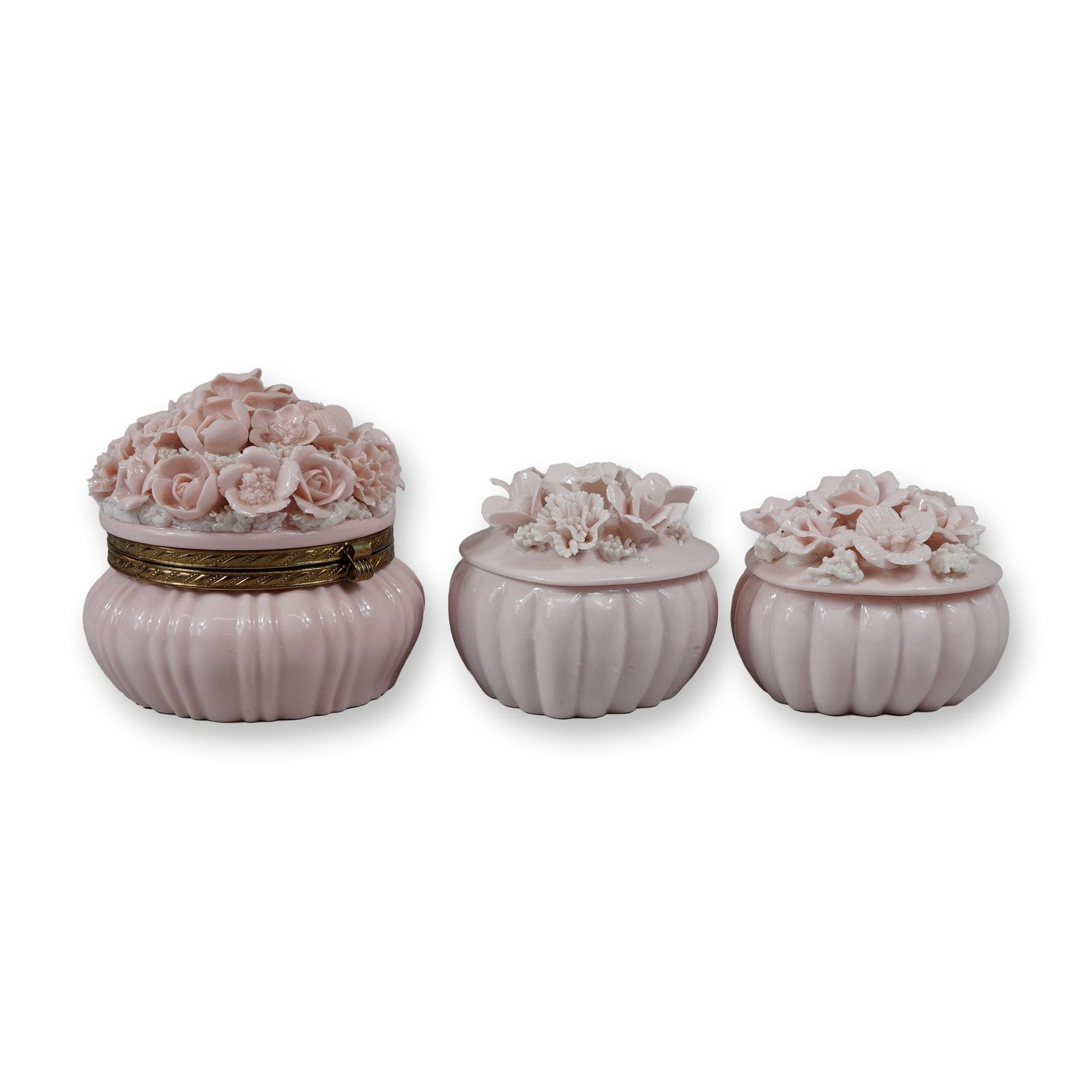 A Trio of Pink Porcelain Floral Encrusted Trinket Boxes (1 of 4)